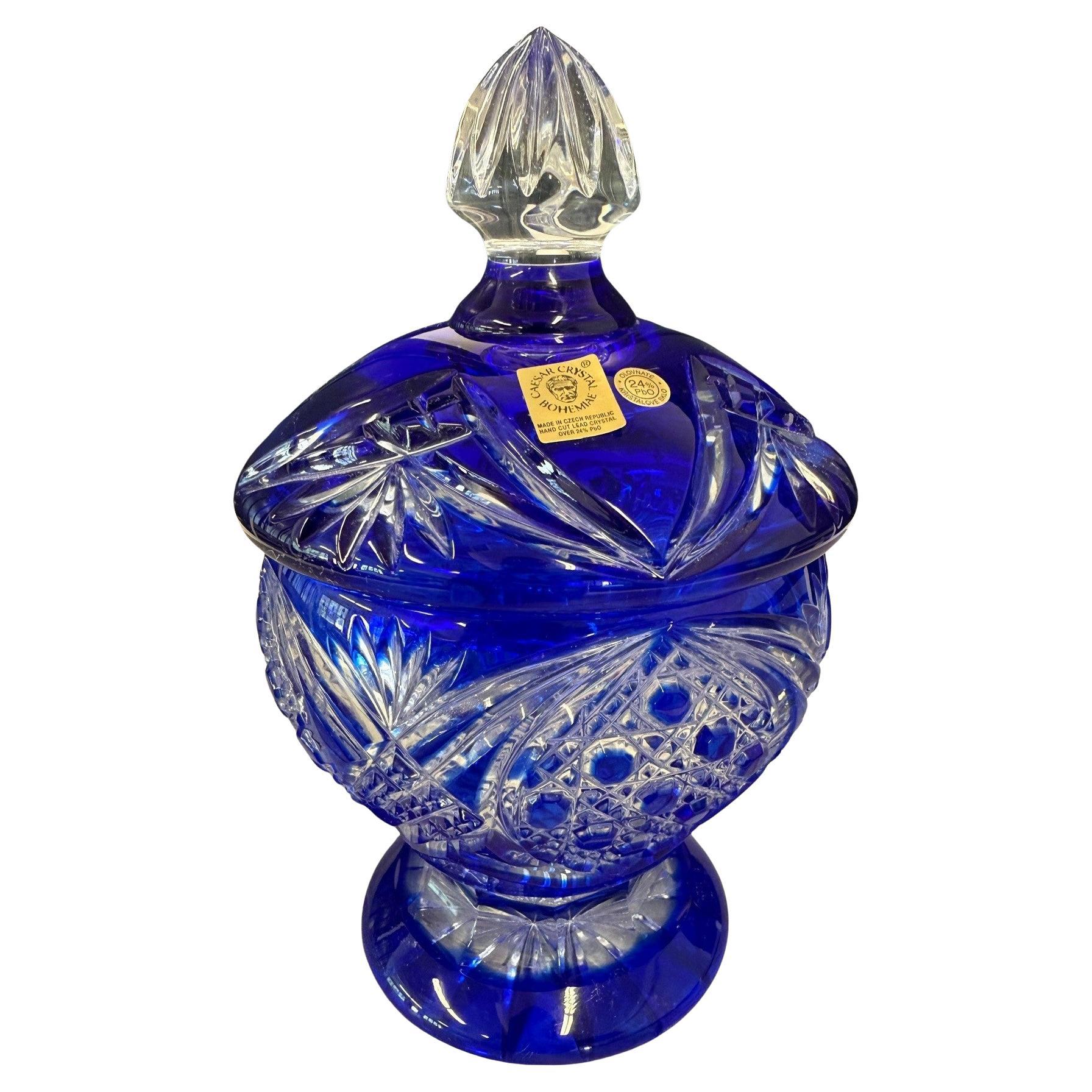 Hand Cut Lead Crystal Candy Dish with Cover by Caesar Crystal Bohemiae Co. For Sale