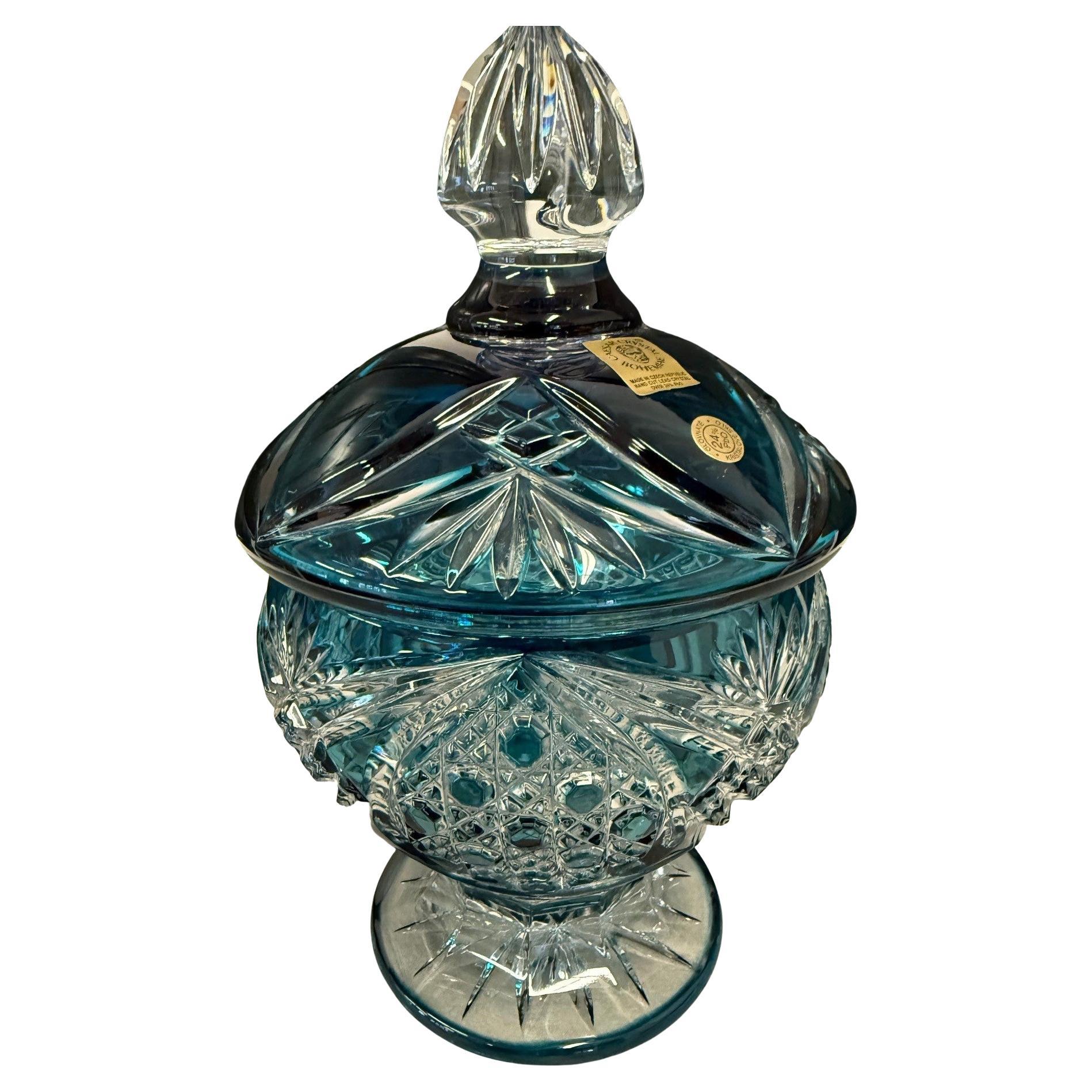 Hand Cut Lead Crystal Candy Dish with Cover by Caesar Crystal Bohemiae Co. en vente