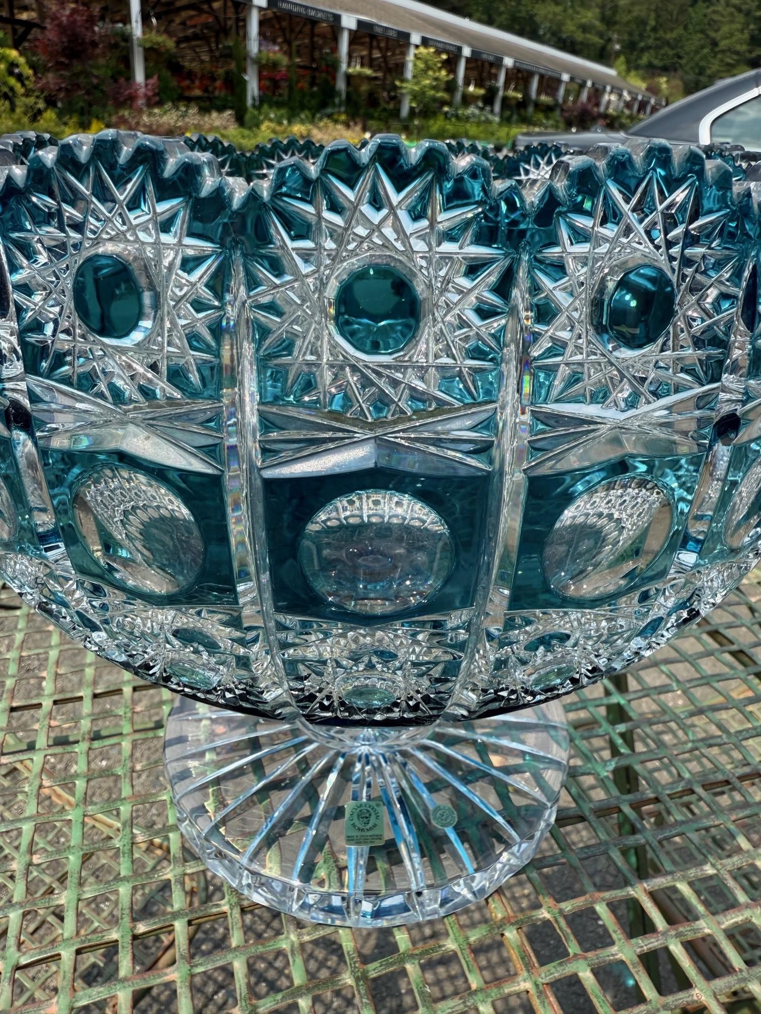 Hand Cut Lead Crystal Centerpiece Pedestal Bowl by Caesar Crystal Bohemiae Co. For Sale 6