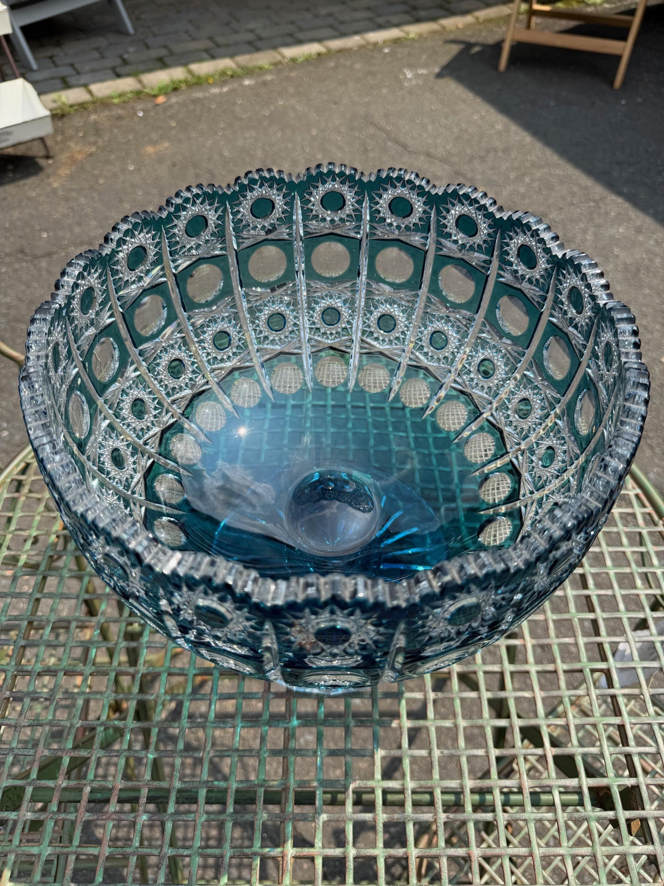 Hand Cut Lead Crystal Centerpiece Pedestal Bowl by Caesar Crystal Bohemiae Co. In Good Condition For Sale In Stamford, CT