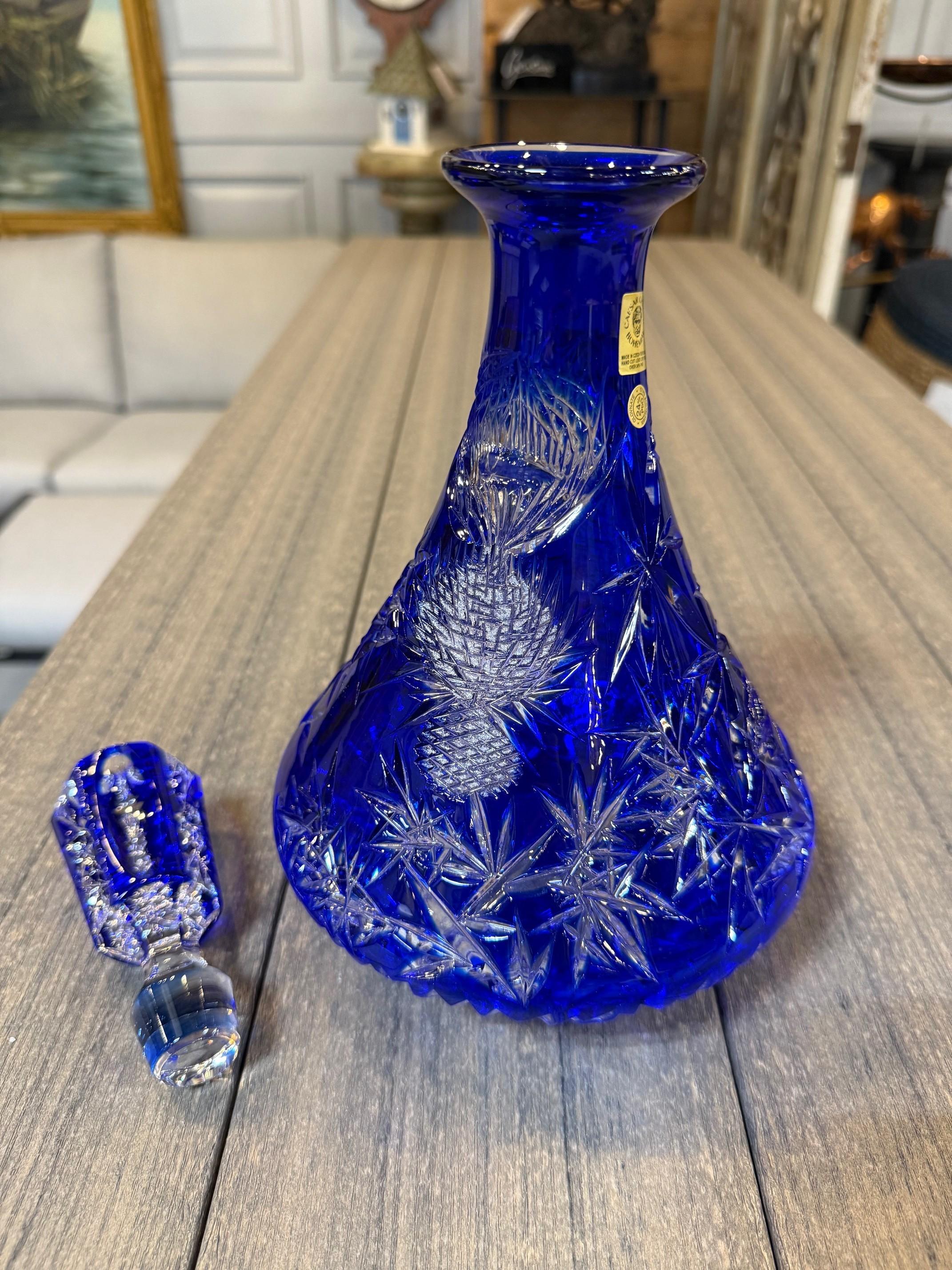 Hand Cut Lead Crystal Cobalt Blue Decanter by Caesar Crystal Bohemiae Co. Czech. 12