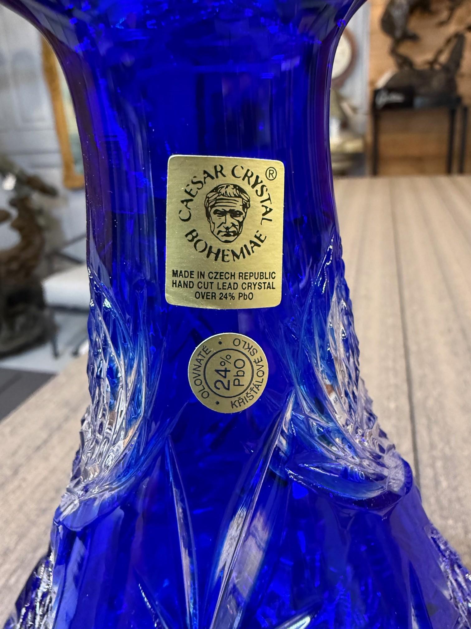 Hand Cut Lead Crystal Cobalt Blue Decanter by Caesar Crystal Bohemiae Co. Czech. 14
