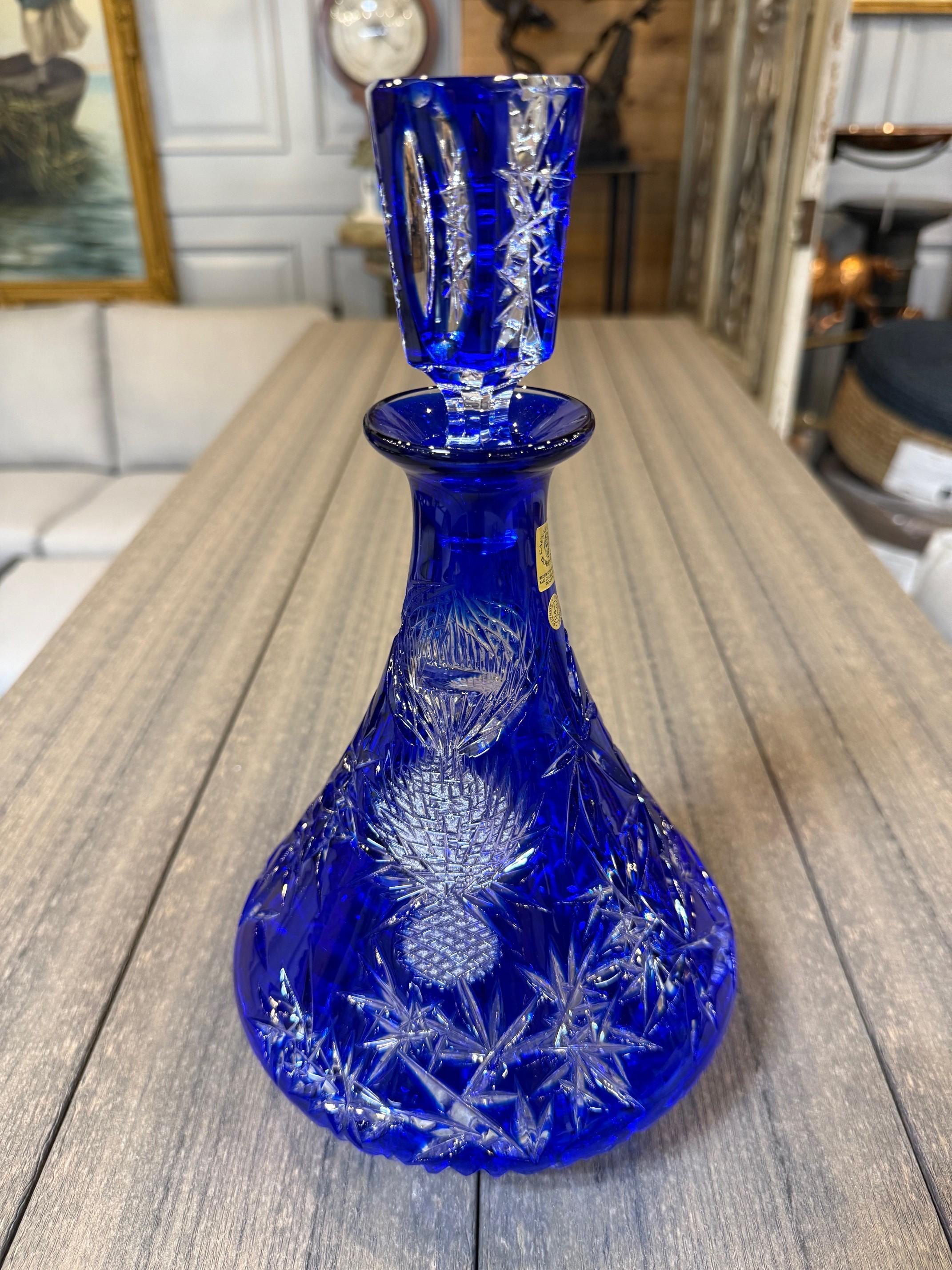 Hand Cut Lead Crystal Cobalt Blue Decanter by Caesar Crystal Bohemiae Co. Czech. In Excellent Condition In Stamford, CT