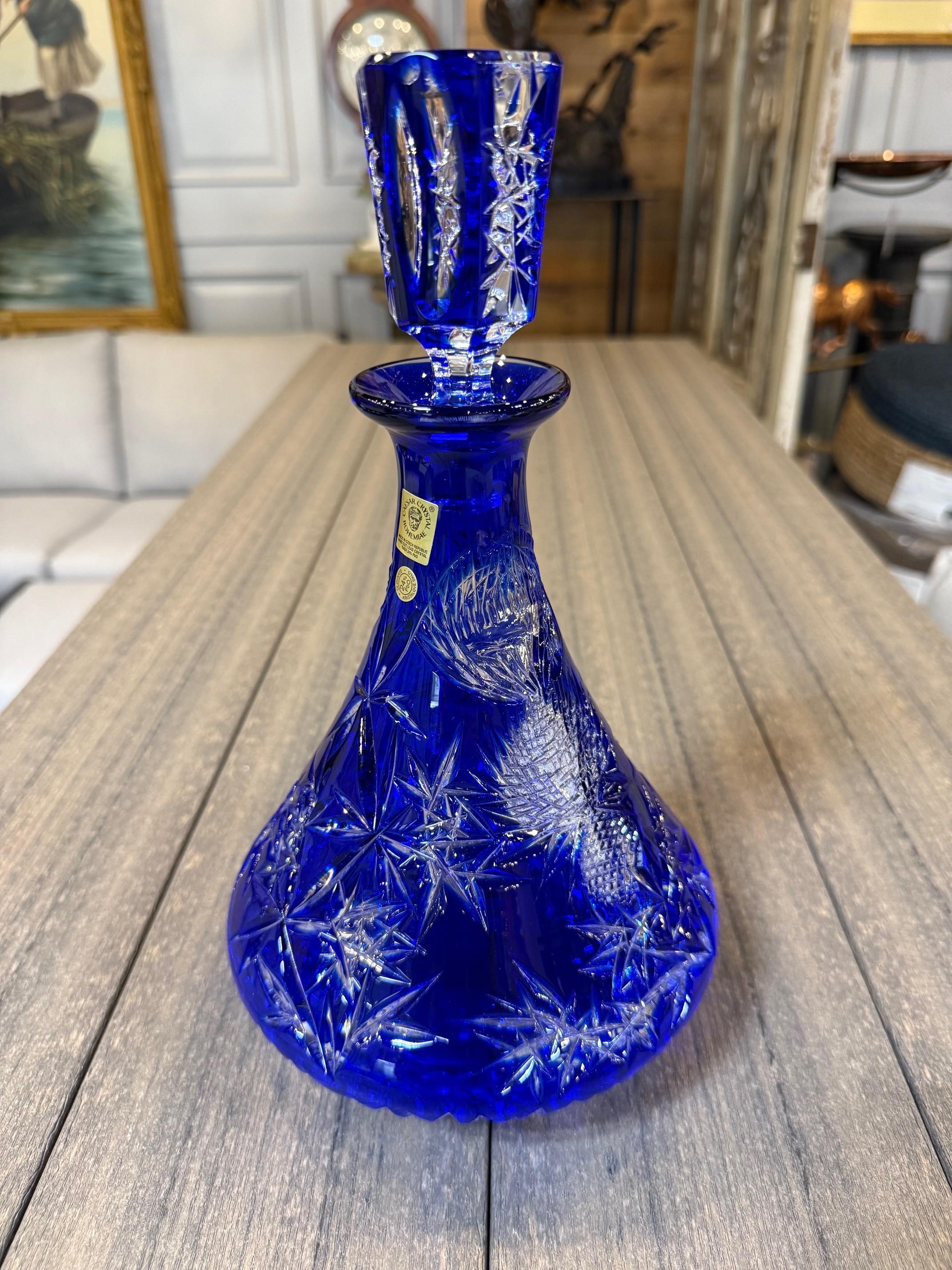 20th Century Hand Cut Lead Crystal Cobalt Blue Decanter by Caesar Crystal Bohemiae Co. Czech.