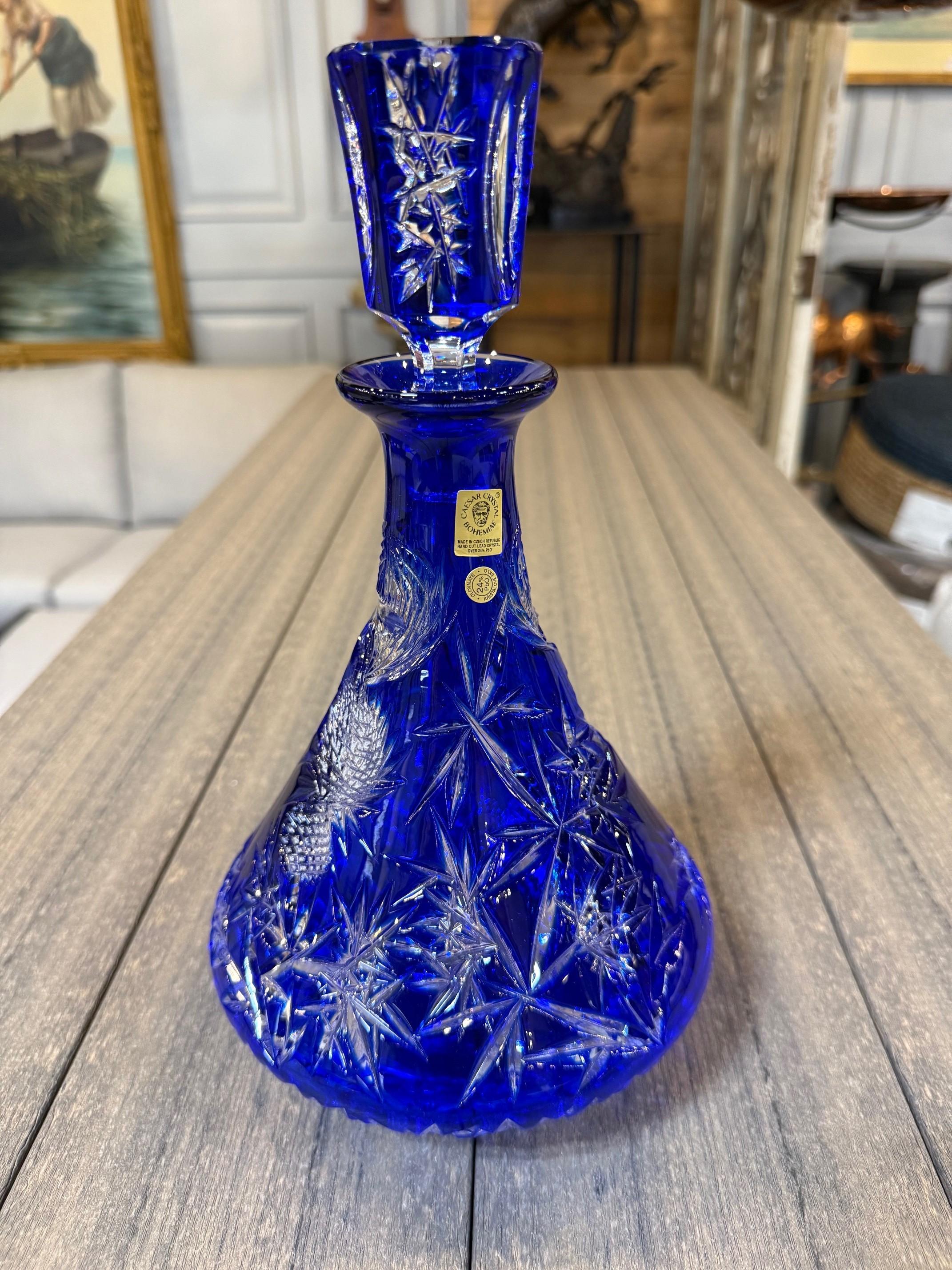 Hand Cut Lead Crystal Cobalt Blue Decanter by Caesar Crystal Bohemiae Co. Czech. 1