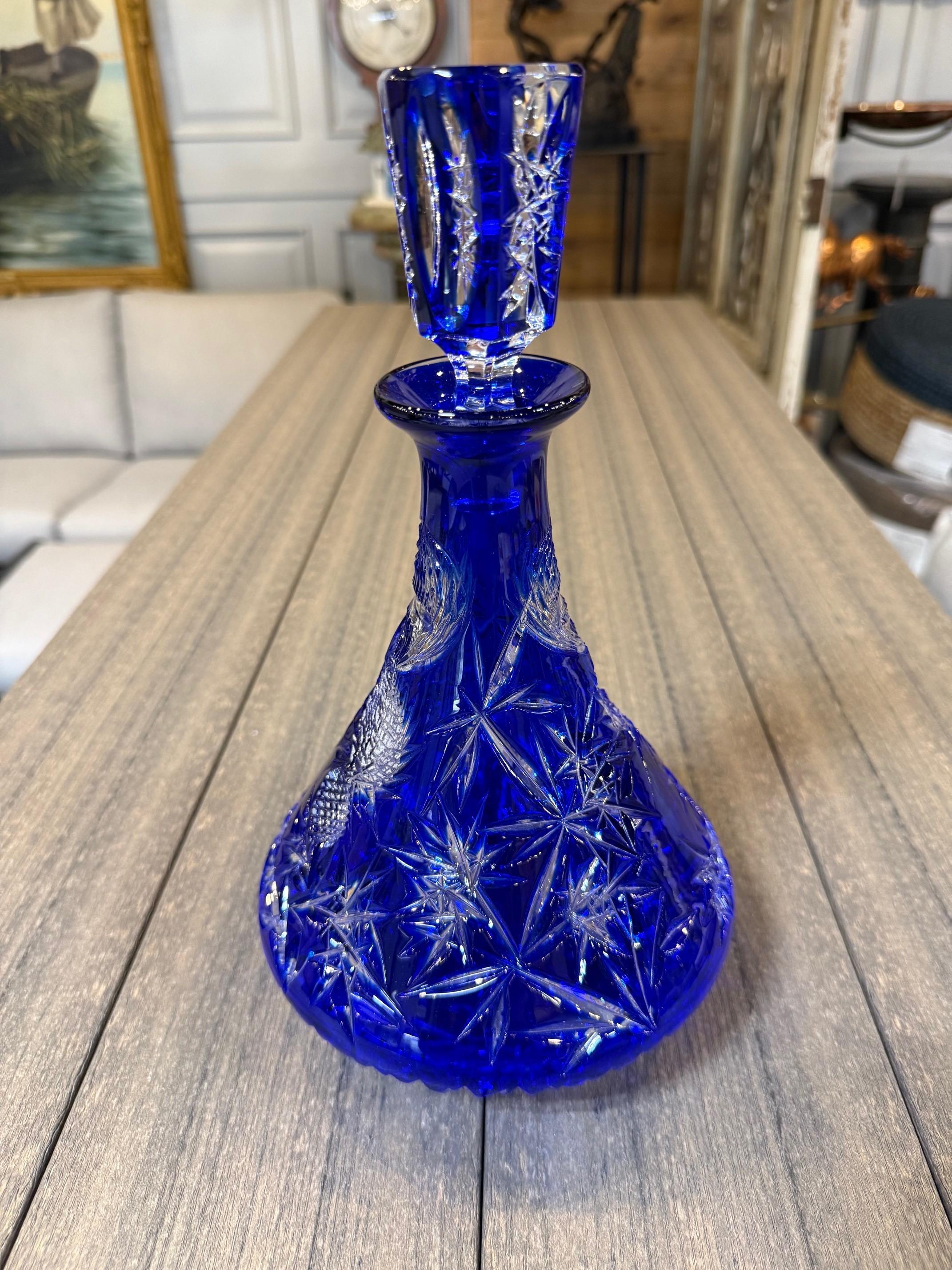 Hand Cut Lead Crystal Cobalt Blue Decanter by Caesar Crystal Bohemiae Co. Czech. 2