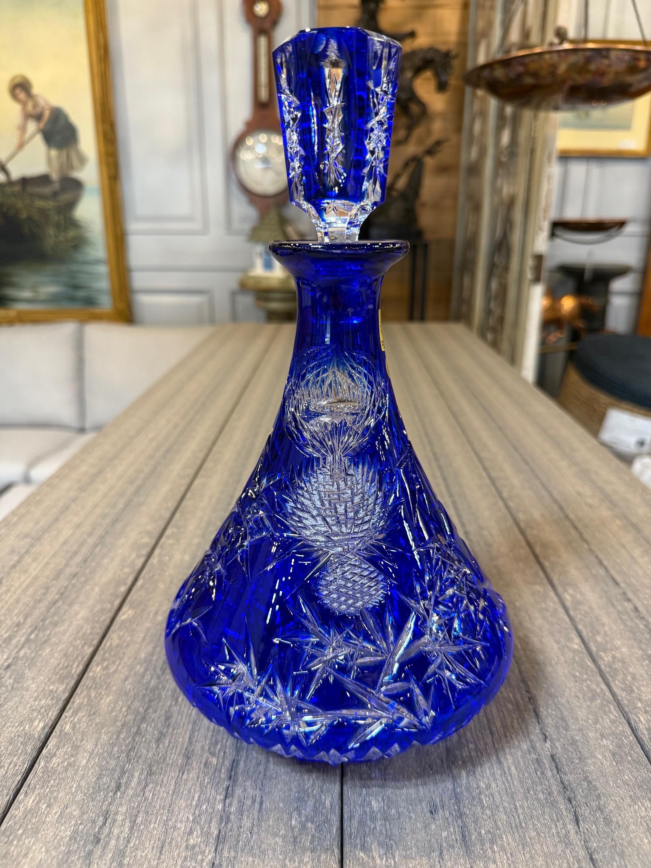 Hand Cut Lead Crystal Cobalt Blue Decanter by Caesar Crystal Bohemiae Co. Czech. 3
