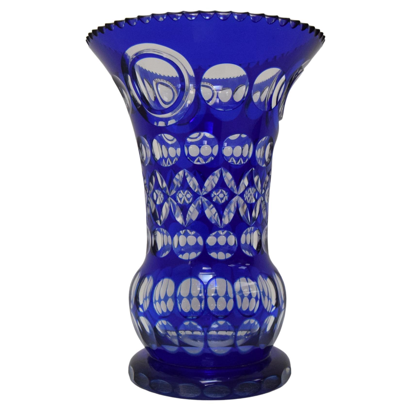 Hand Cut Lead Crystal Cobalt Blue Vase by Caesar Crystal Bohemiae Co, 1980s For Sale