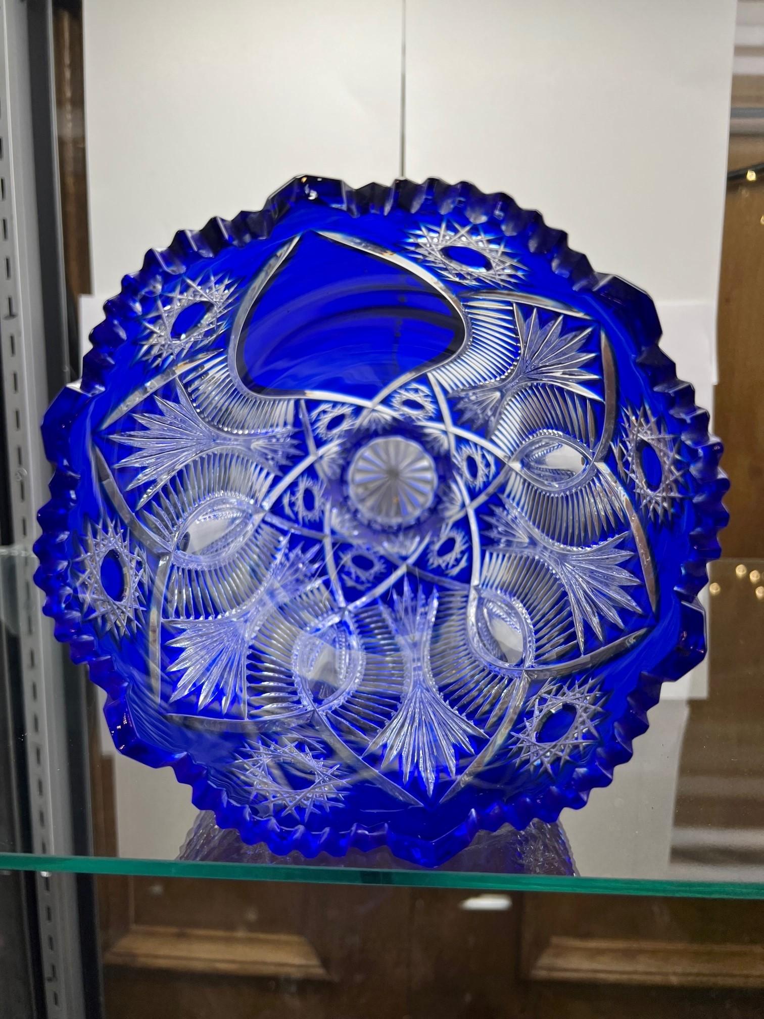  Hand Cut Lead Crystal Cobalt Blue Vase by Caesar Crystal Bohemiae Co. Czech.   For Sale 3