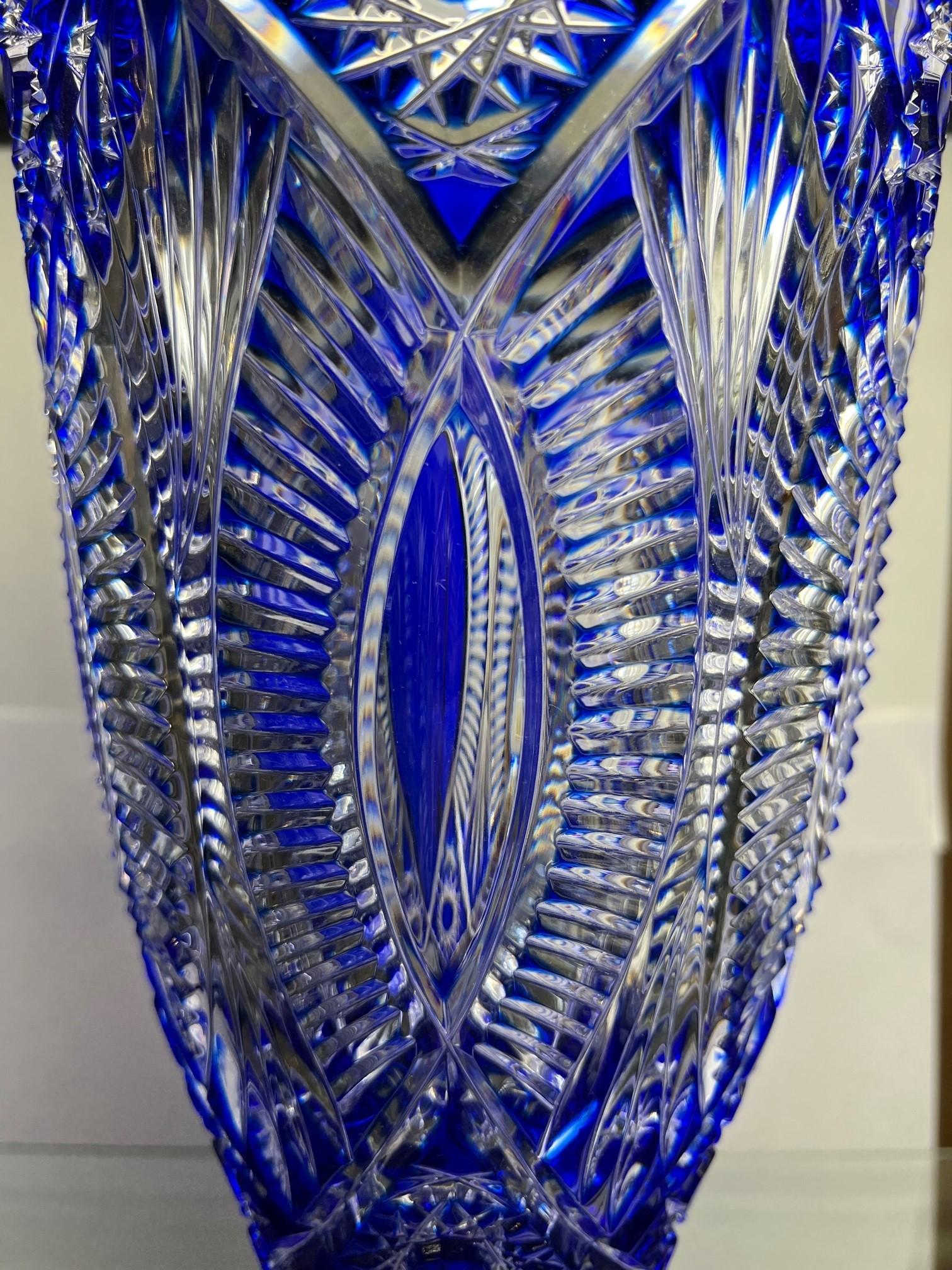  Hand Cut Lead Crystal Cobalt Blue Vase by Caesar Crystal Bohemiae Co. Czech.   For Sale 4
