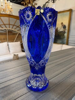Hand Cut Lead Crystal Cobalt Blue Vase by Caesar Crystal Bohemiae Co. Czech.