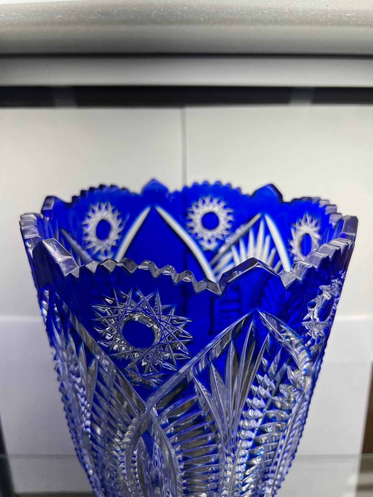  Hand Cut Lead Crystal Cobalt Blue Vase by Caesar Crystal Bohemiae Co. Czech.   In Excellent Condition For Sale In Stamford, CT