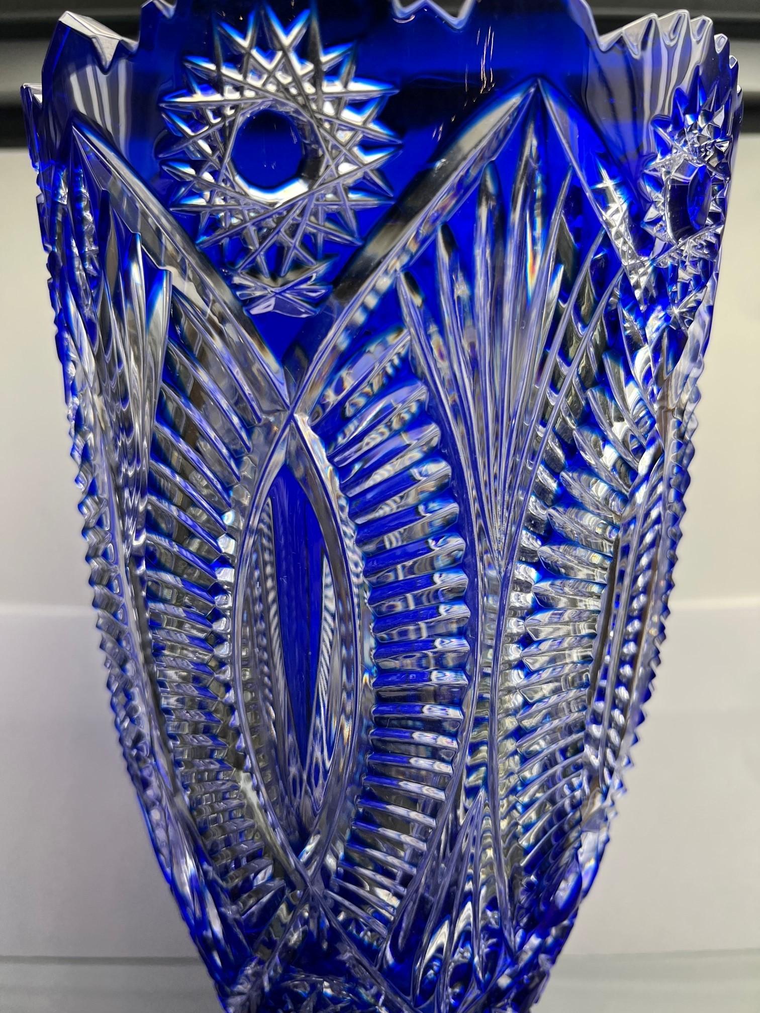20th Century  Hand Cut Lead Crystal Cobalt Blue Vase by Caesar Crystal Bohemiae Co. Czech.   For Sale
