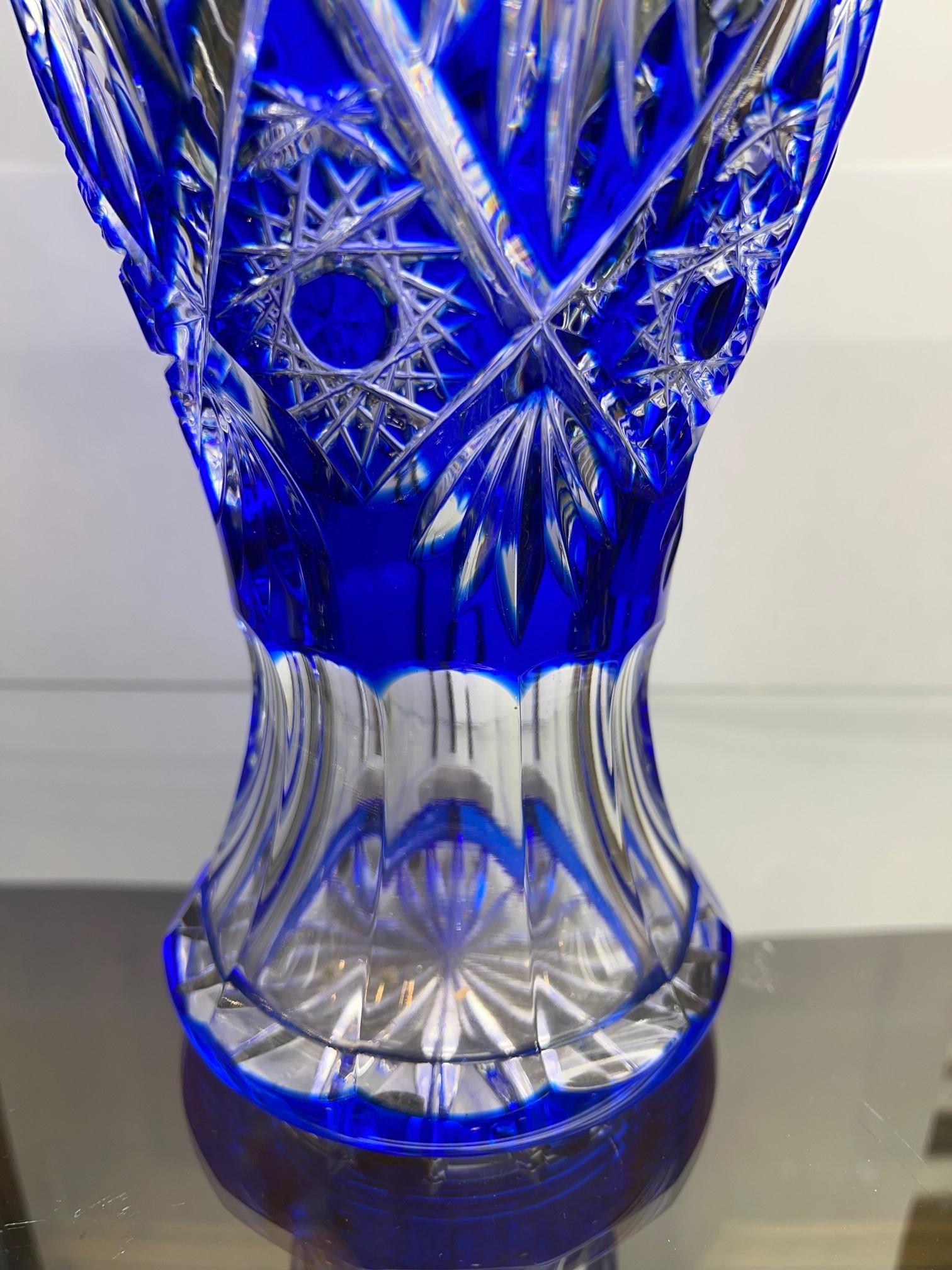  Hand Cut Lead Crystal Cobalt Blue Vase by Caesar Crystal Bohemiae Co. Czech.   For Sale 1