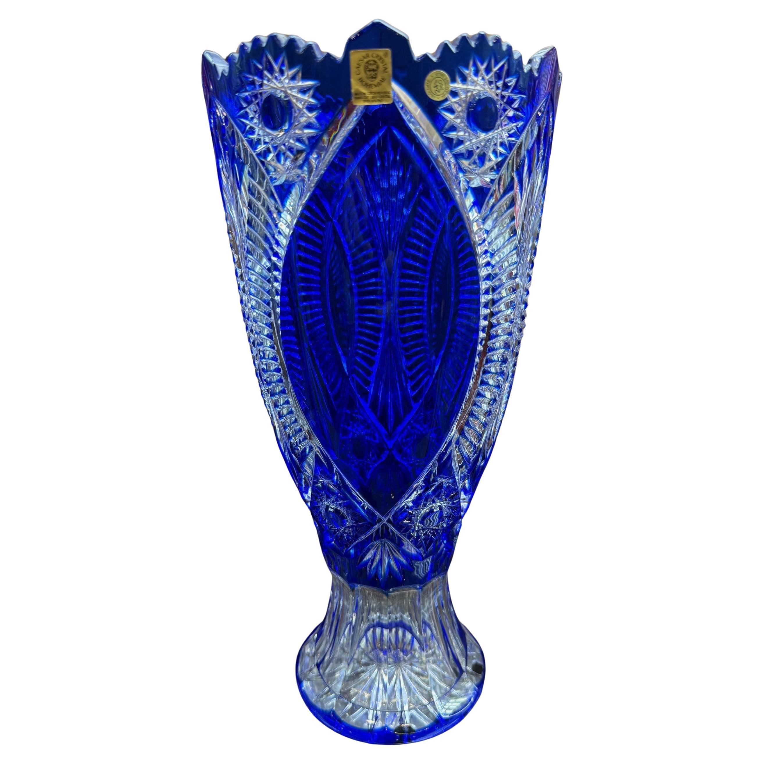 Hand Cut Lead Crystal Cobalt Blue Vase by Caesar Crystal Bohemiae Co. Czech.