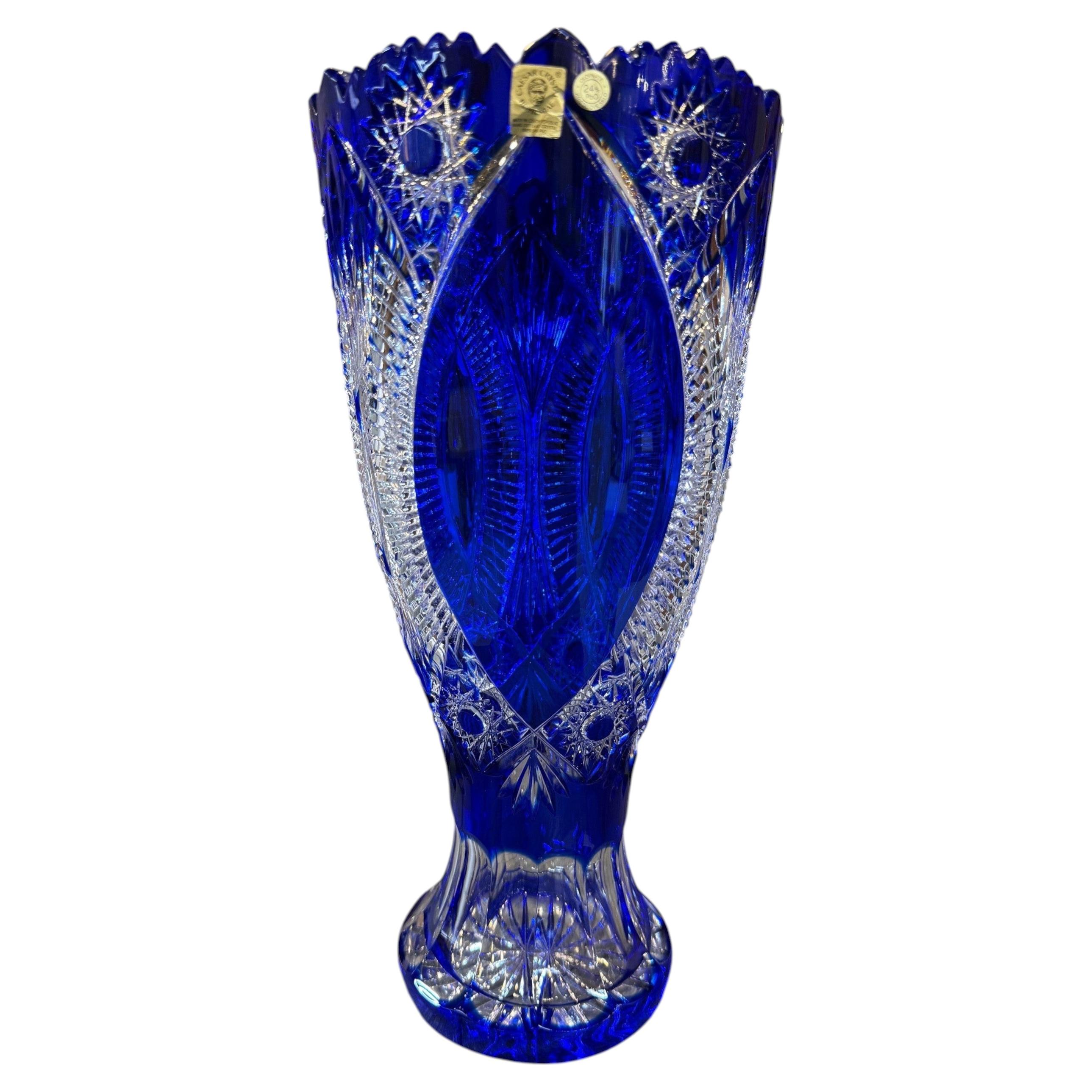 Hand Cut Lead Crystal Cobalt Blue Vase by Caesar Crystal Bohemiae Co. Czech.