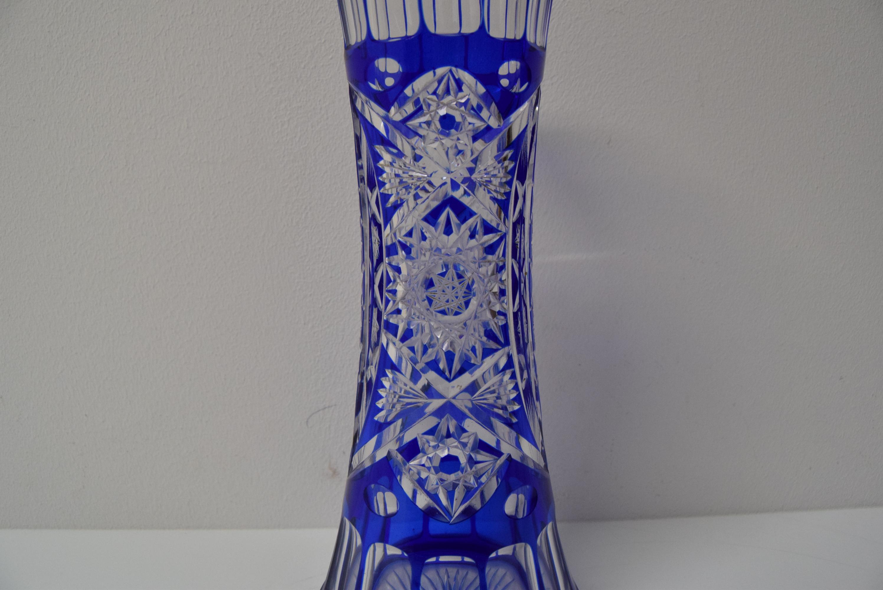 Hand Cut Lead Crystal Cobalt Blue Vase by Caesar Crystal Bohemiae Co, 1980s 7