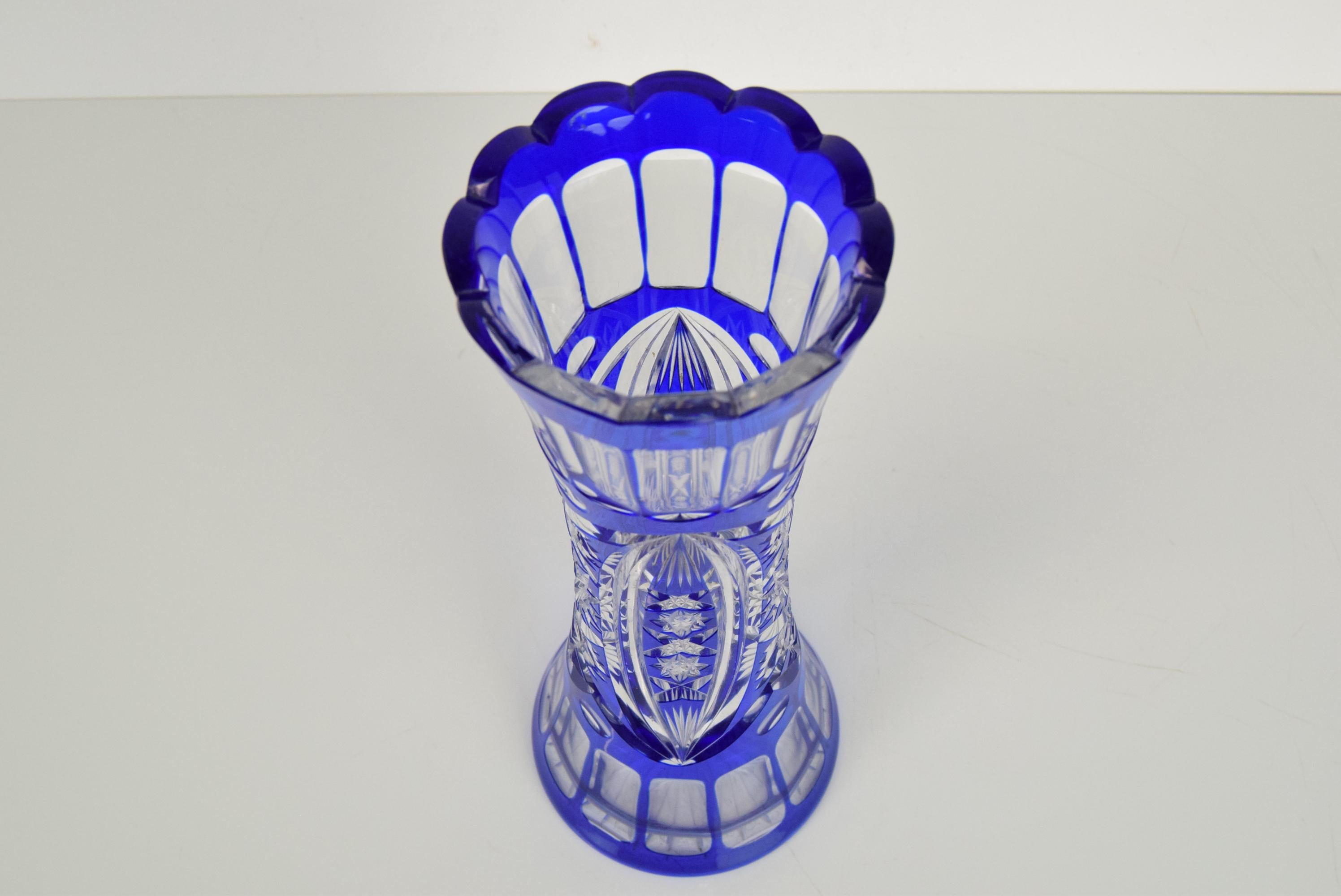 Czech Hand Cut Lead Crystal Cobalt Blue Vase by Caesar Crystal Bohemiae Co, 1980s
