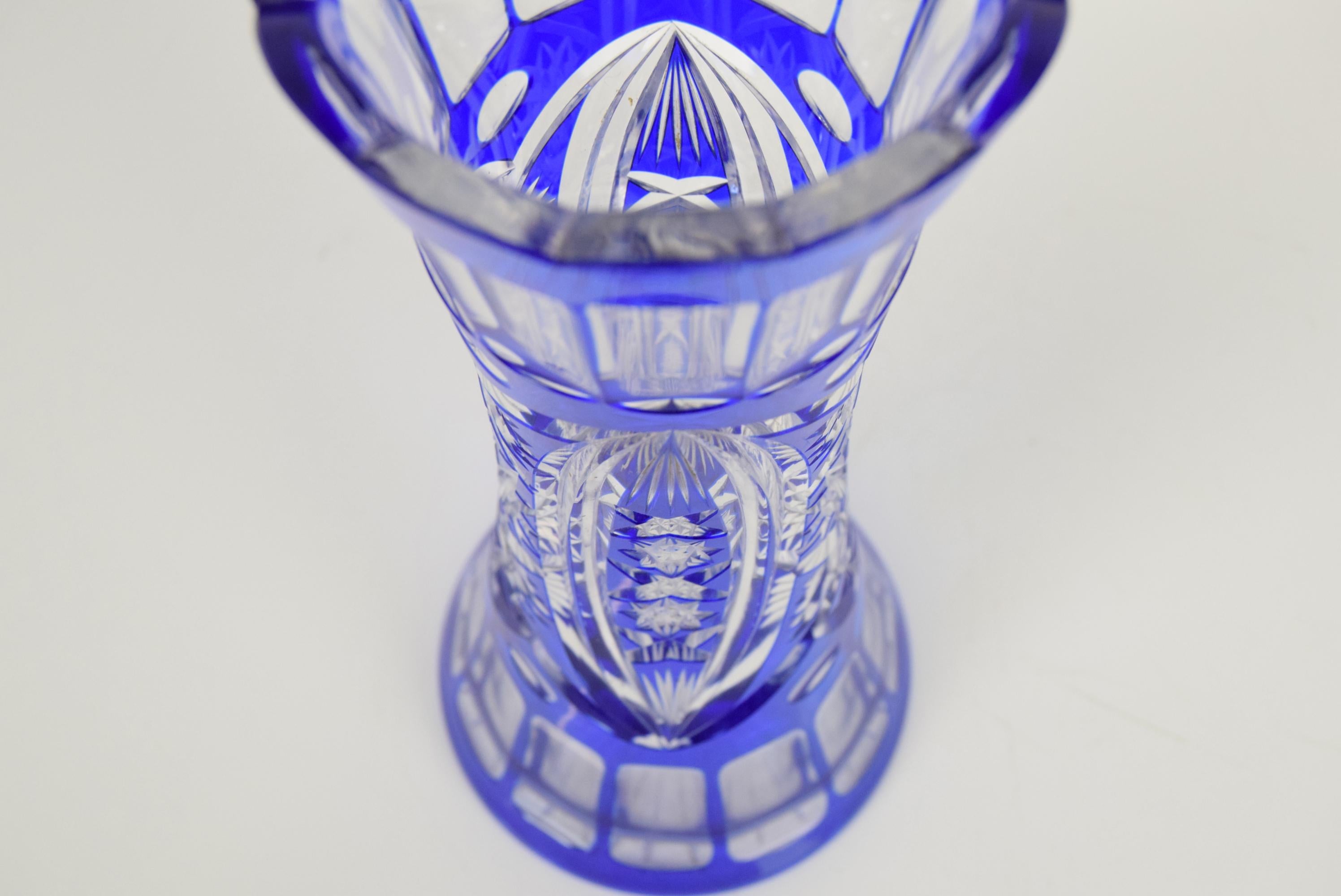 Late 20th Century Hand Cut Lead Crystal Cobalt Blue Vase by Caesar Crystal Bohemiae Co, 1980s