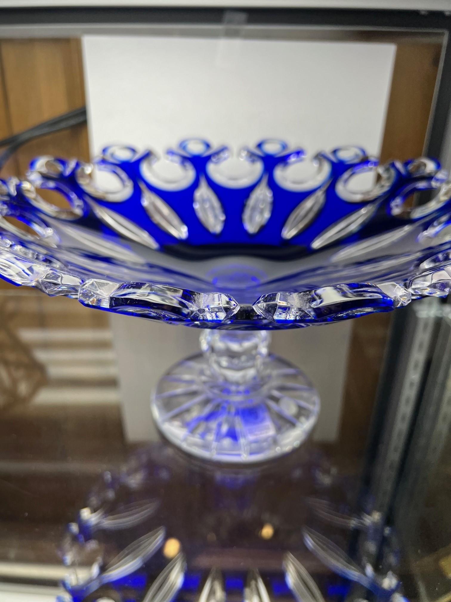 Hand Cut Lead Crystal Footed Fruit Bowl by Caesar Crystal Bohemiae Co. In Excellent Condition For Sale In Stamford, CT