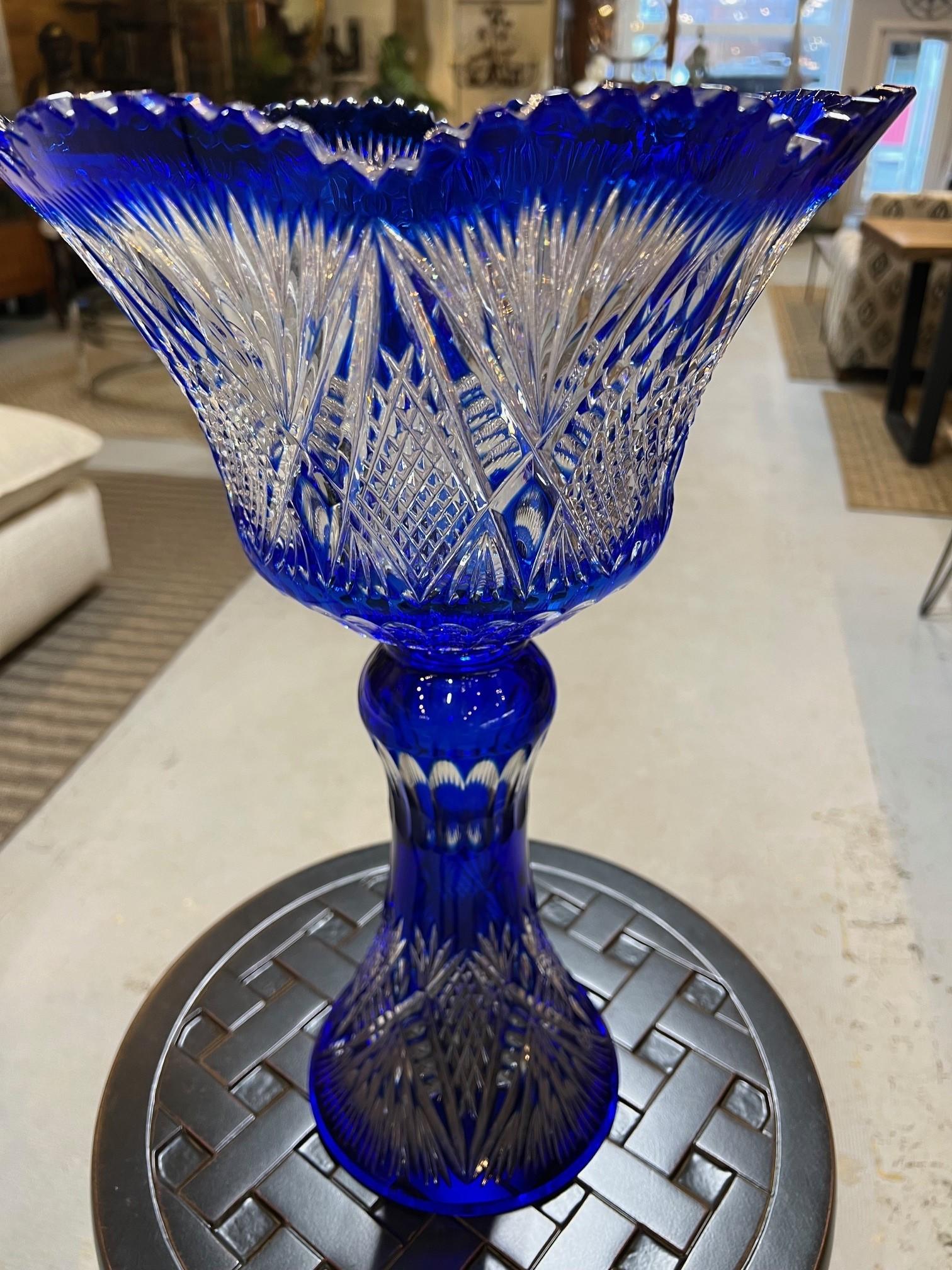 Hand Cut Lead Crystal Tall Pedestal Bowl Compote by Caesar Crystal Bohemiae Co. For Sale 5