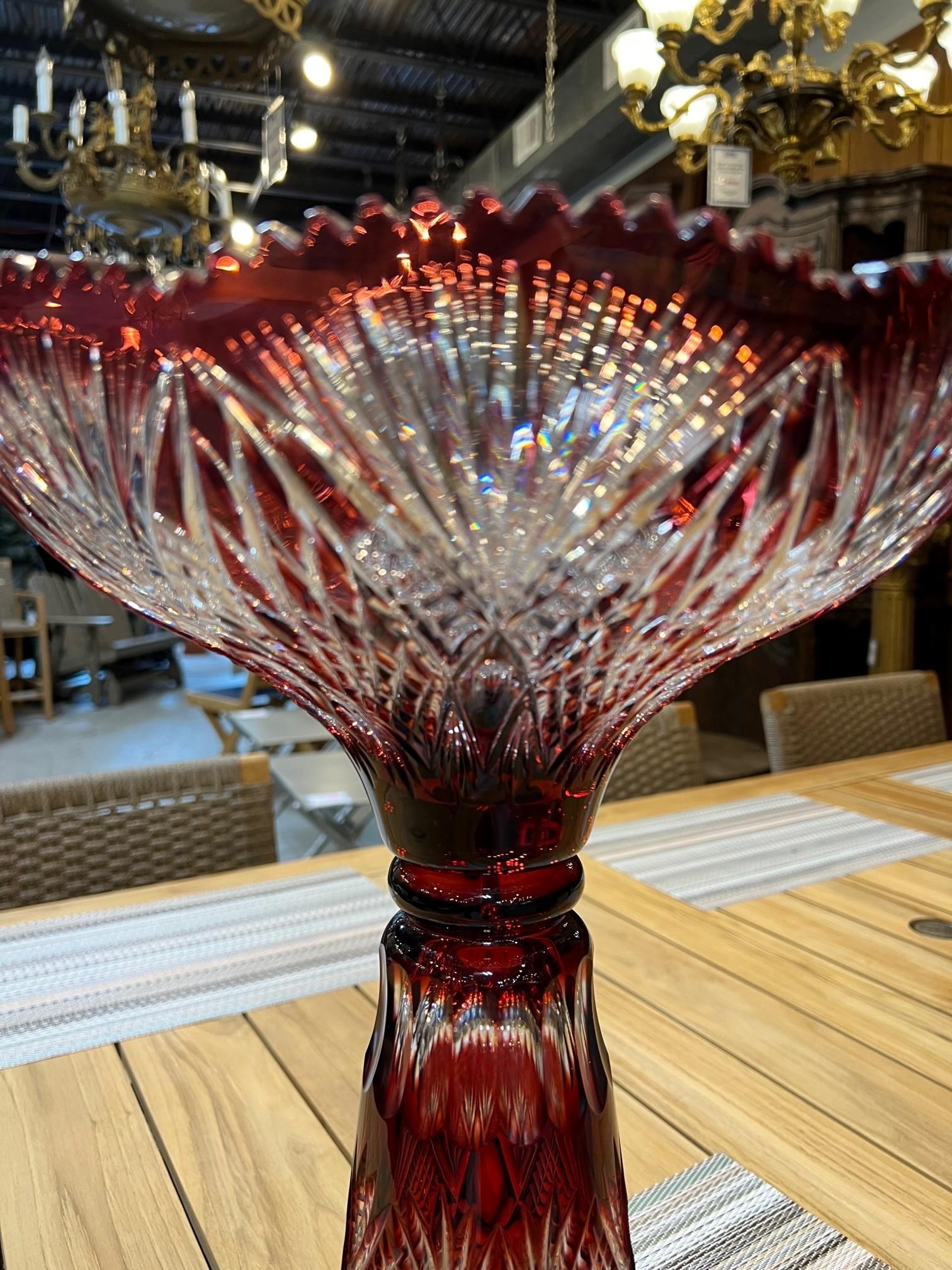 Stunning hand cut lead crystal tall pedestal bowl compote created as a work of art by the hands of the finest Czech glass workers. The Caesar Crystal Company in the Czech Republic has been selling hand cut lead crystal pieces since 1861 and is known