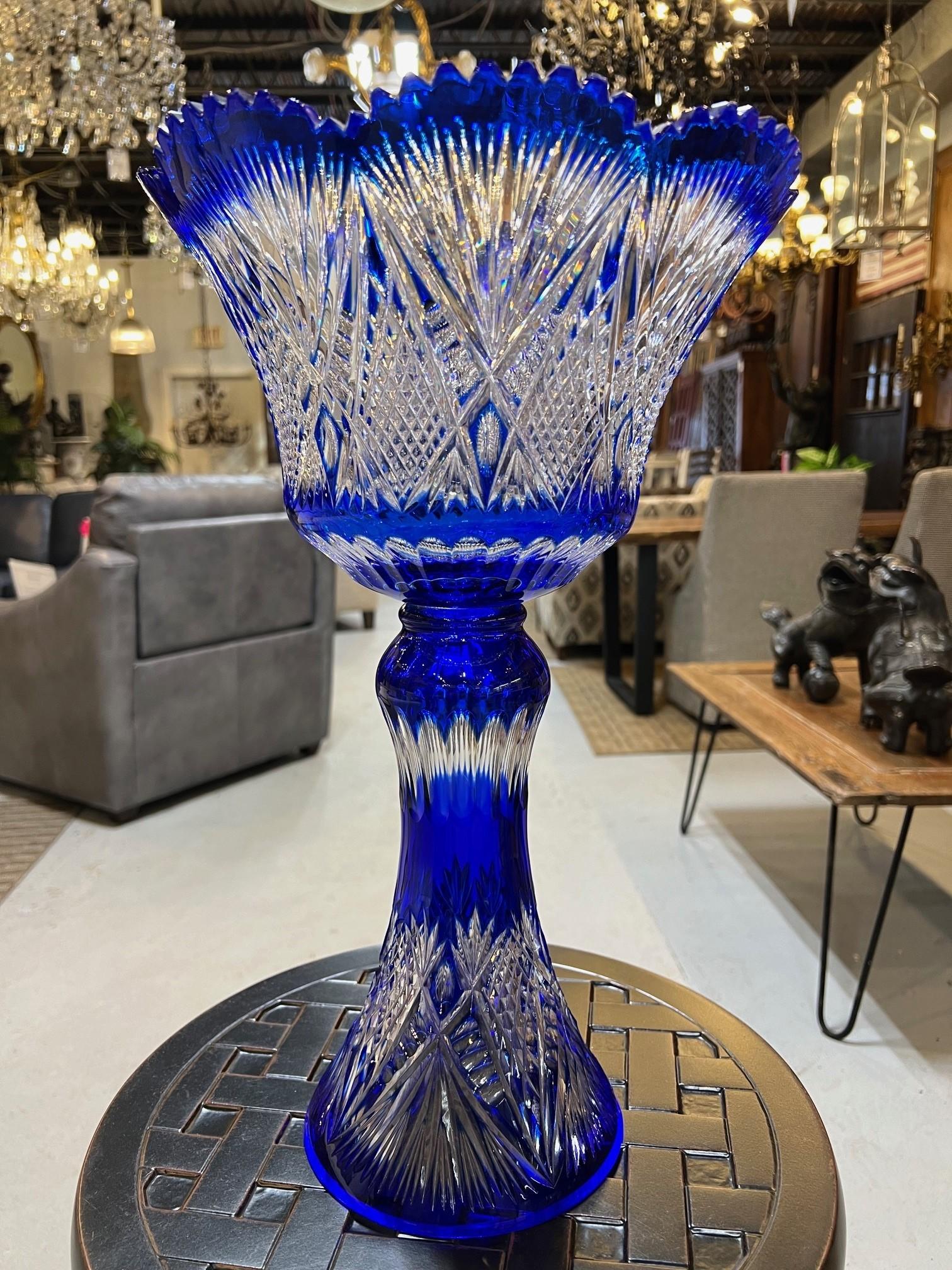 20th Century Hand Cut Lead Crystal Tall Pedestal Bowl Compote by Caesar Crystal Bohemiae Co. For Sale