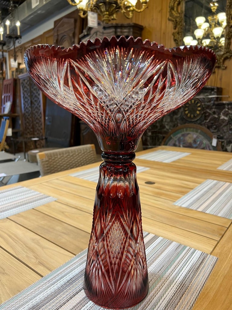 Hand Cut Lead Crystal Tall Pedestal Bowl Compote by Caesar Crystal