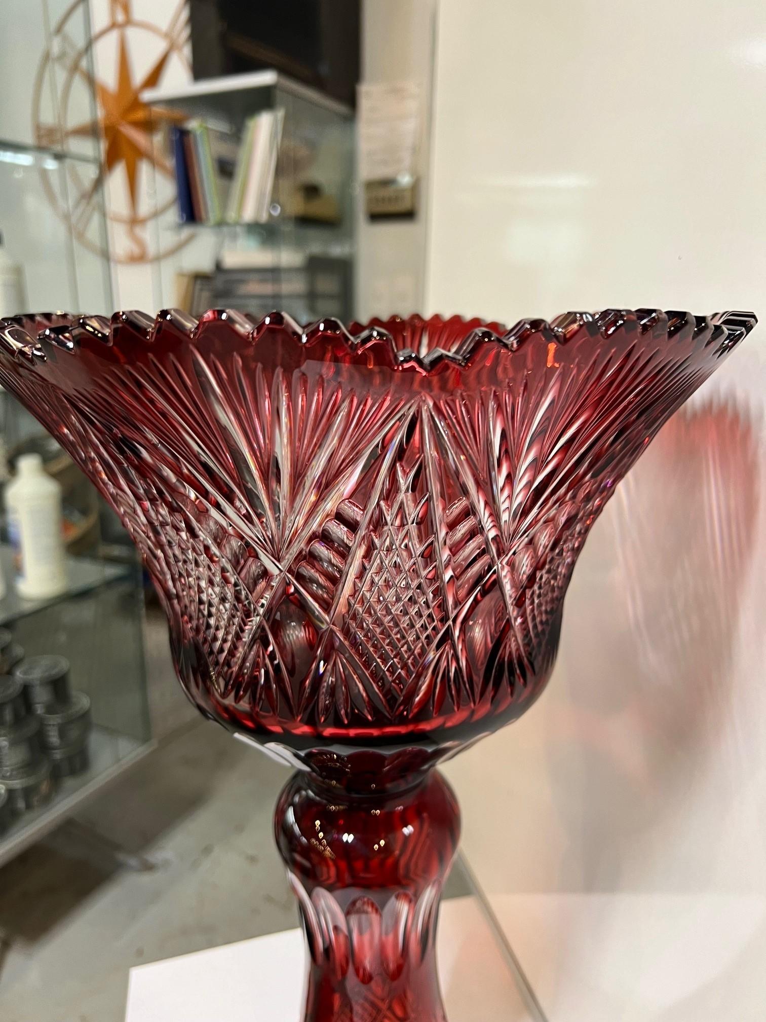 Hand Cut Lead Crystal Tall Pedestal Bowl Compote by Caesar Crystal Bohemiae Co. For Sale 3