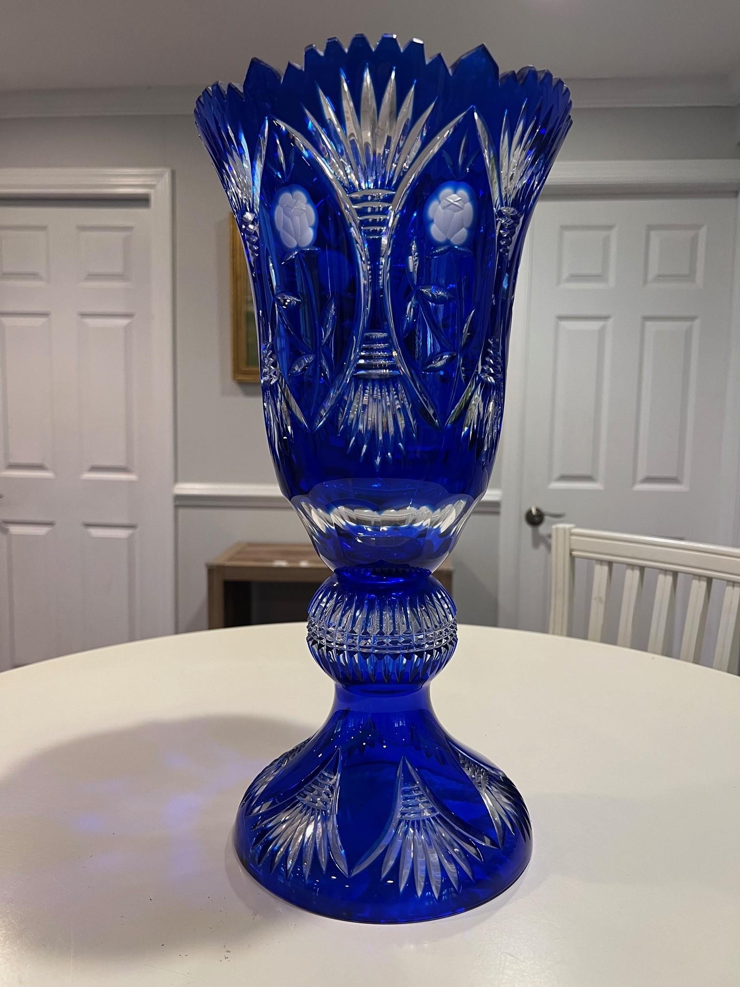 Stunning cobalt blue hand cut lead crystal tall pedestal vase compote created as a work of art by the hands of the finest Czech glass workers. The Caesar Crystal Company in the Czech Republic has been selling hand cut lead crystal pieces since 1861