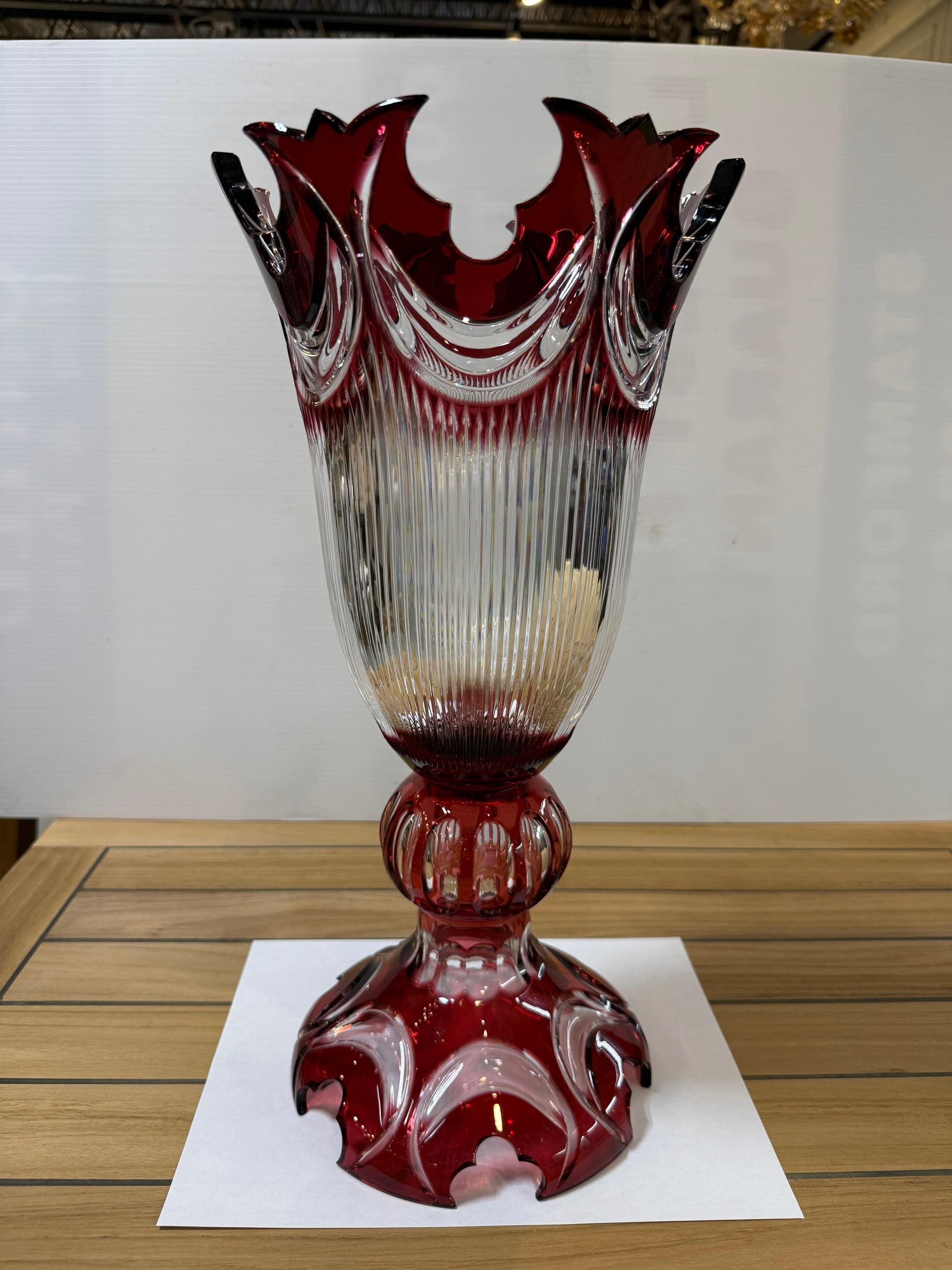 Stunning ruby red hand cut lead crystal tall pedestal vase, compote created as a work of art by the hands of the finest Czech glass workers. The Caesar Crystal Company in the Czech Republic has been selling hand cut lead crystal pieces since 1861