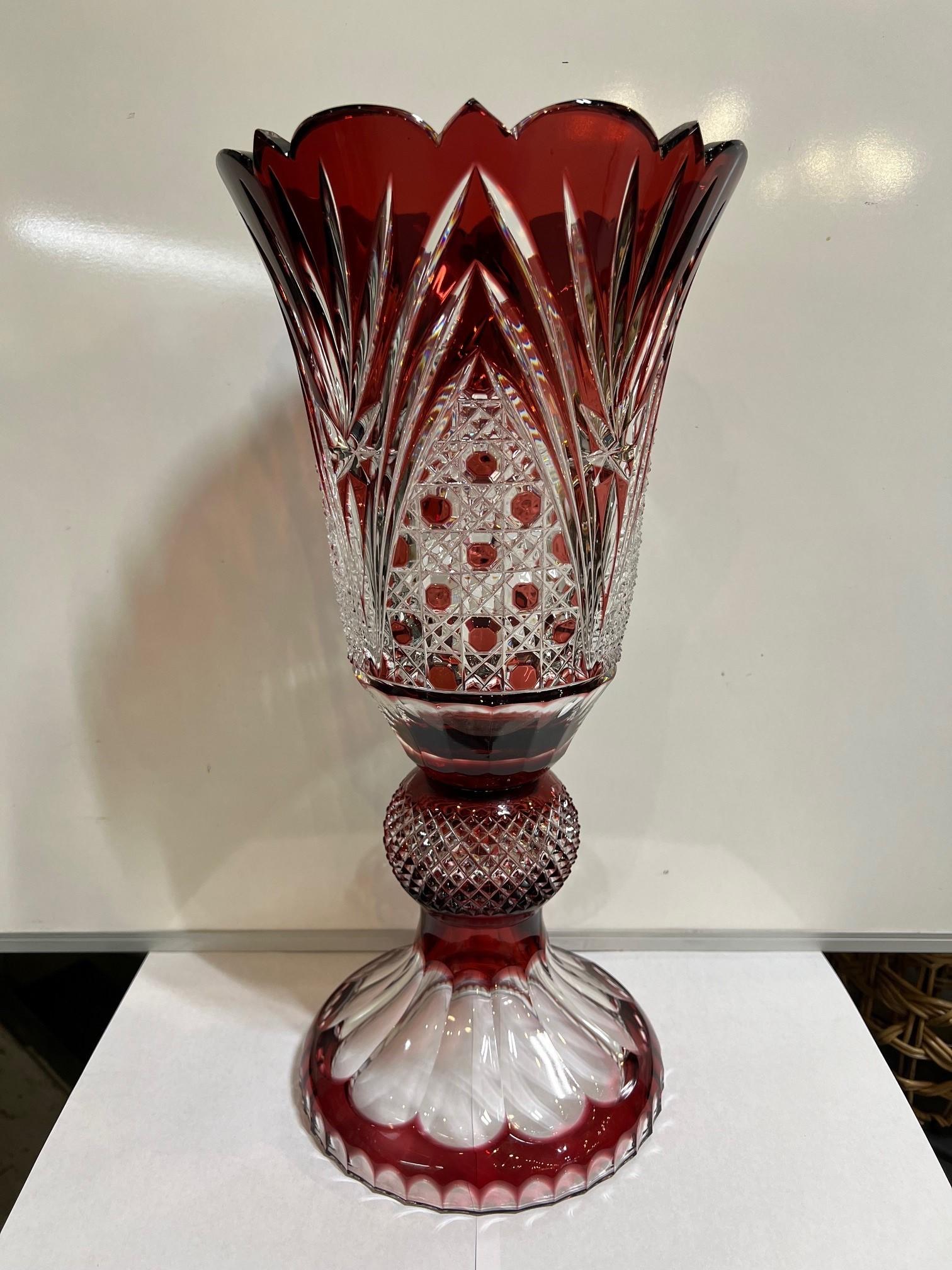 Czech Hand Cut Lead Crystal Tall Pedestal Vase, Compote by Caesar Crystal Bohemiae Co. For Sale