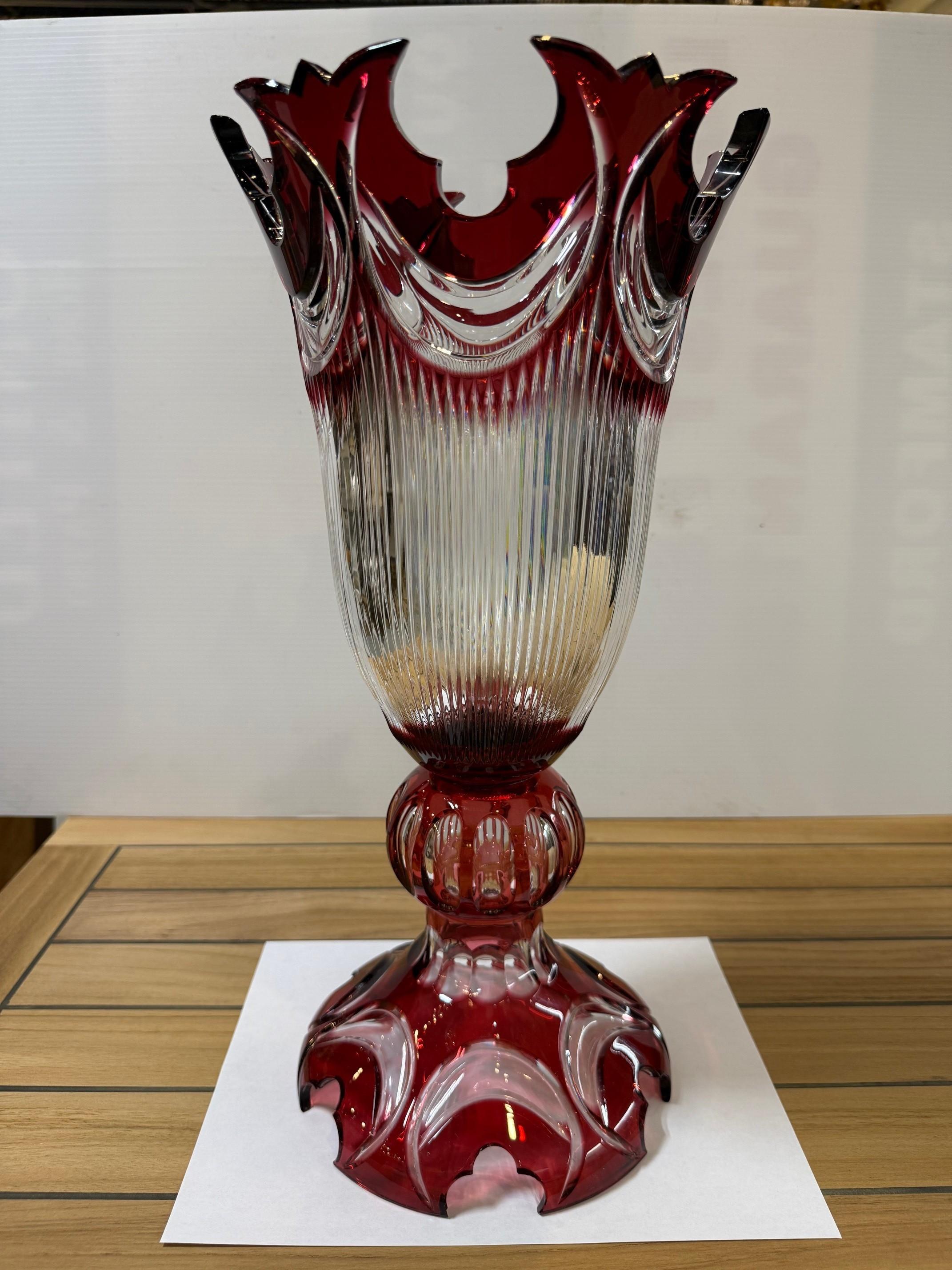 Czech Hand Cut Lead Crystal Tall Pedestal Vase, Compote by Caesar Crystal Bohemiae Co. For Sale