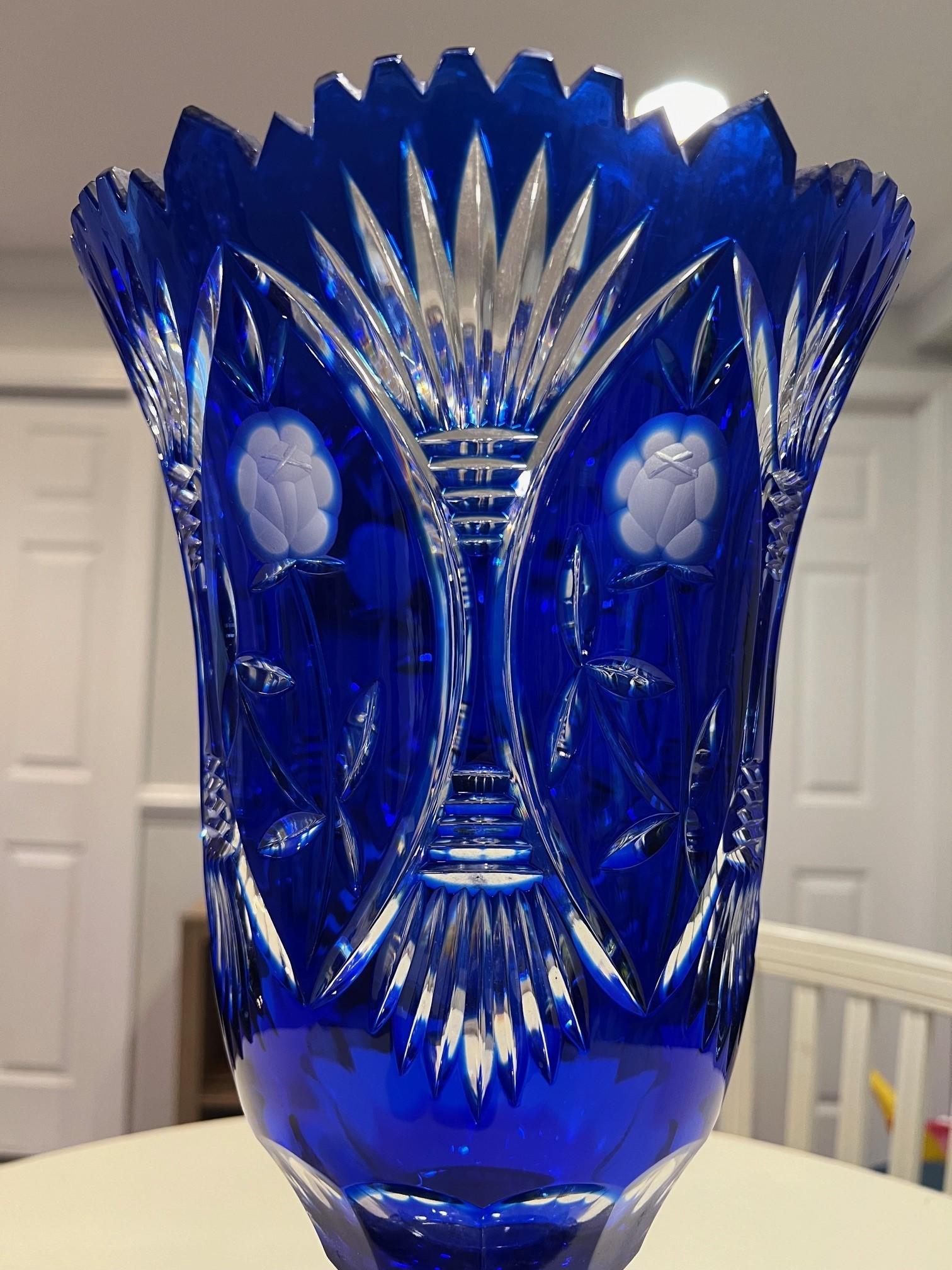 Hand Cut Lead Crystal Tall Pedestal Vase, Compote by Caesar Crystal Bohemiae Co. In Excellent Condition For Sale In Stamford, CT