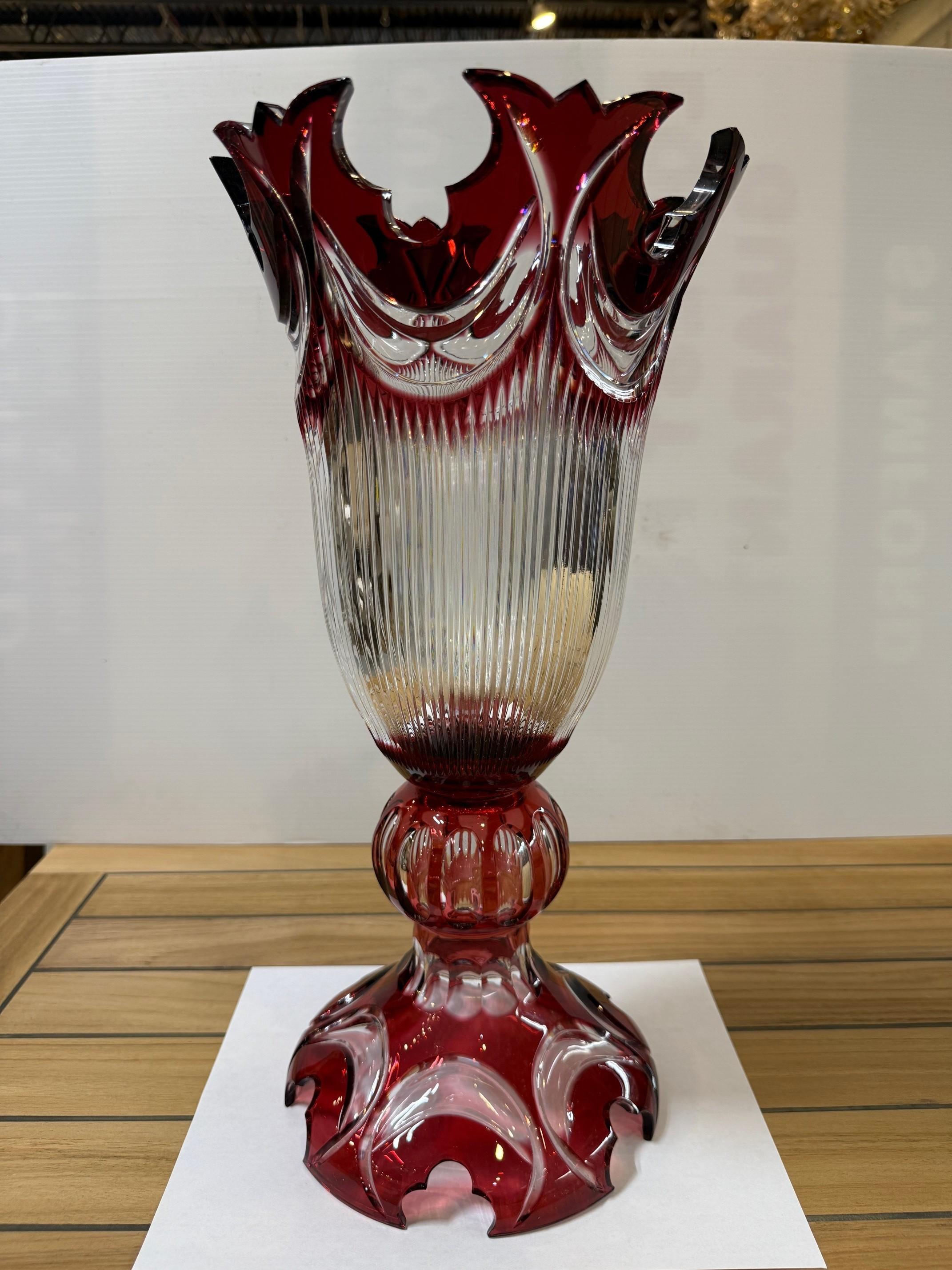 Hand Cut Lead Crystal Tall Pedestal Vase, Compote by Caesar Crystal Bohemiae Co. In Good Condition For Sale In Stamford, CT