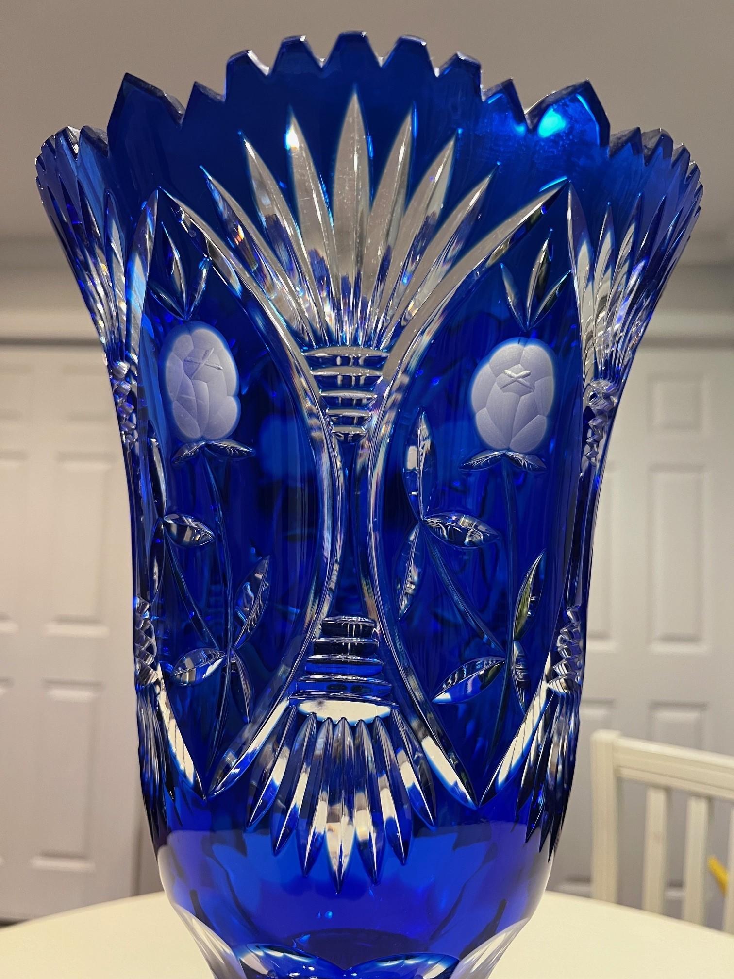 20th Century Hand Cut Lead Crystal Tall Pedestal Vase, Compote by Caesar Crystal Bohemiae Co. For Sale