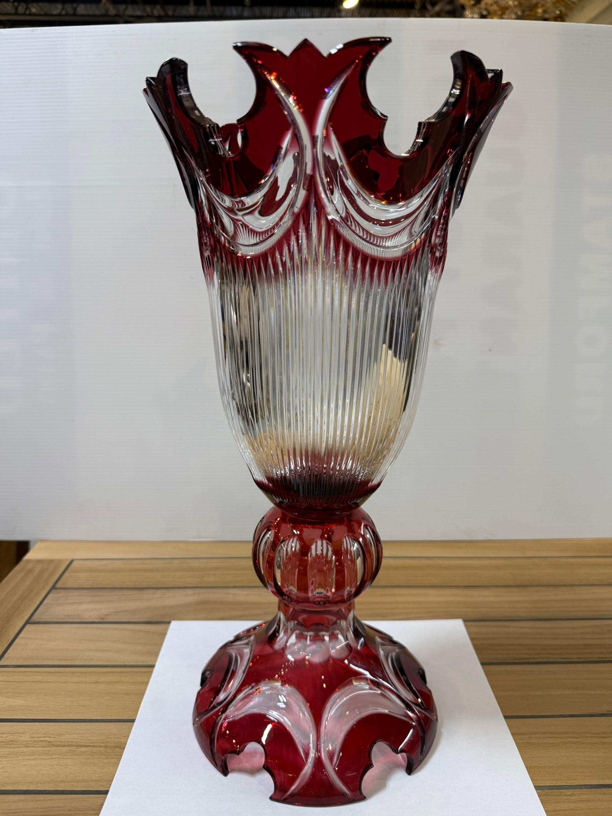 20th Century Hand Cut Lead Crystal Tall Pedestal Vase, Compote by Caesar Crystal Bohemiae Co. For Sale