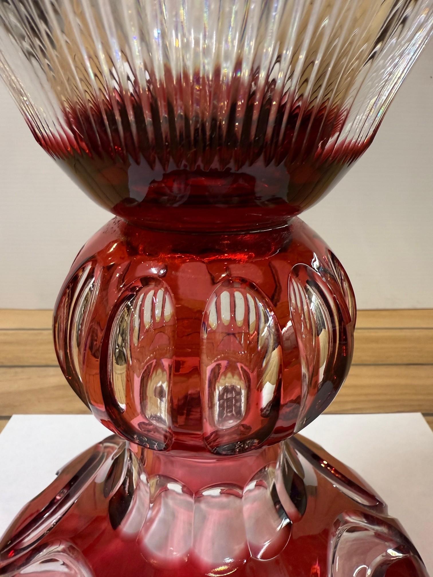 Hand Cut Lead Crystal Tall Pedestal Vase, Compote by Caesar Crystal Bohemiae Co. For Sale 3