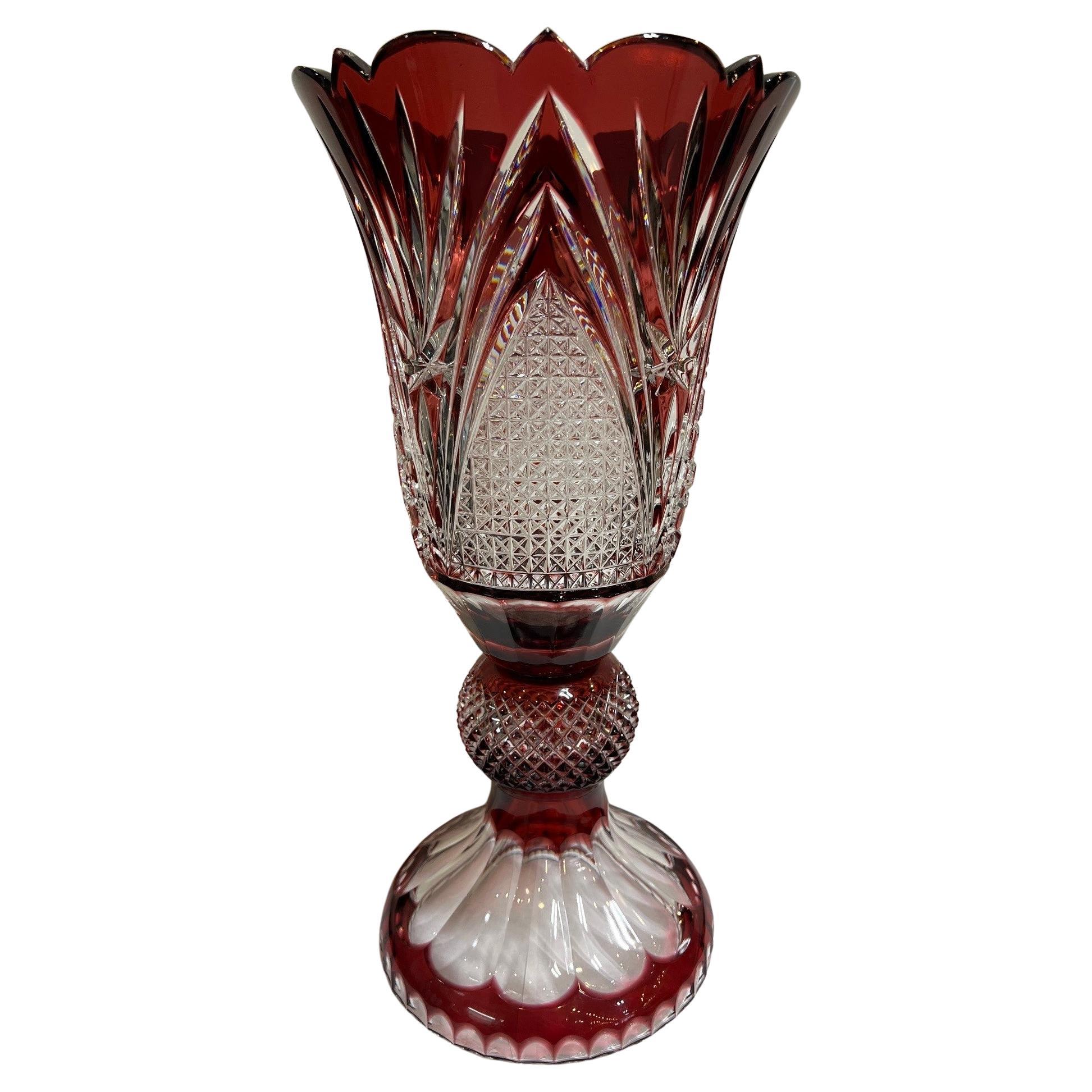 Hand Cut Lead Crystal Tall Pedestal Vase, Compote by Caesar Crystal Bohemiae Co.