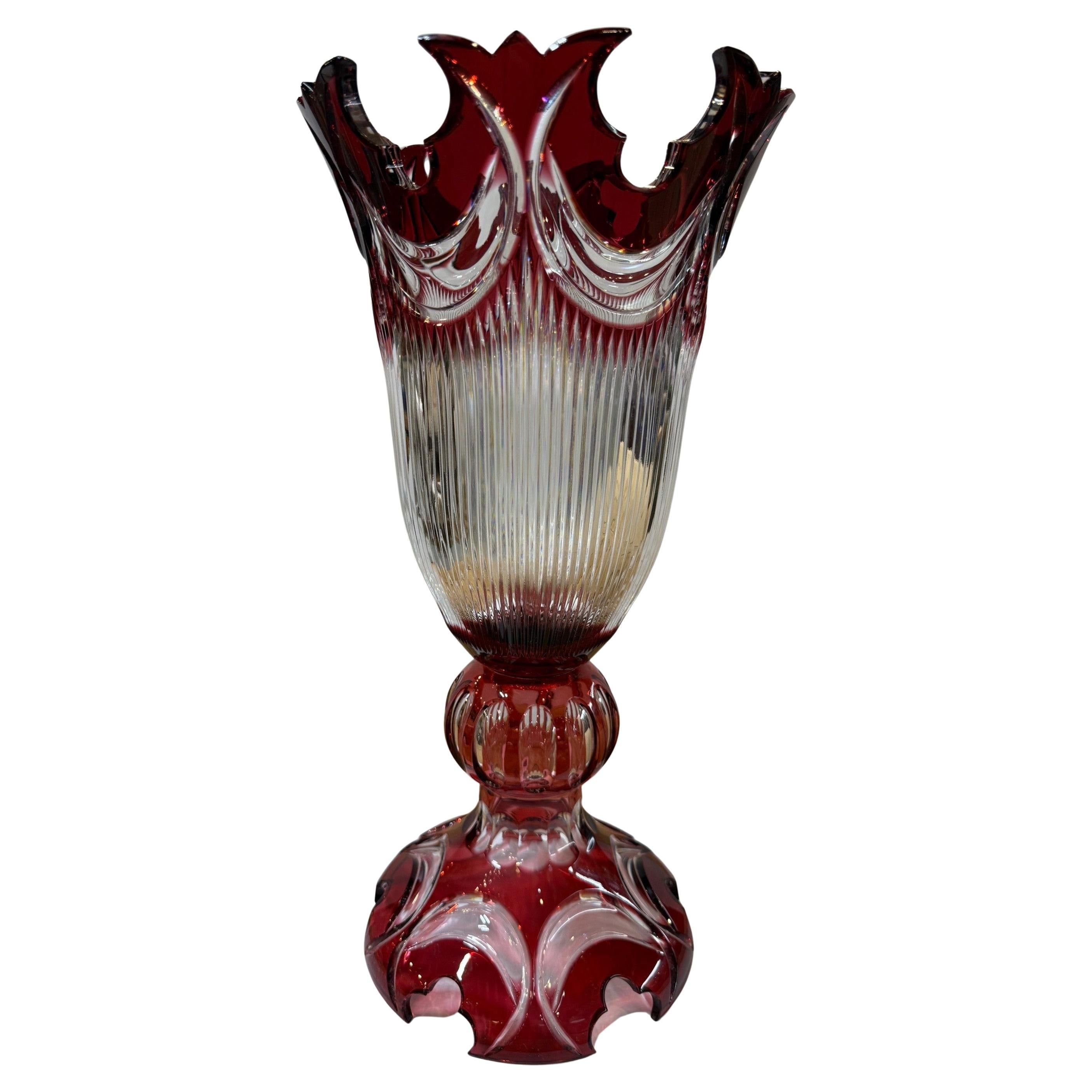 Hand Cut Lead Crystal Tall Pedestal Vase, Compote by Caesar Crystal Bohemiae Co. For Sale