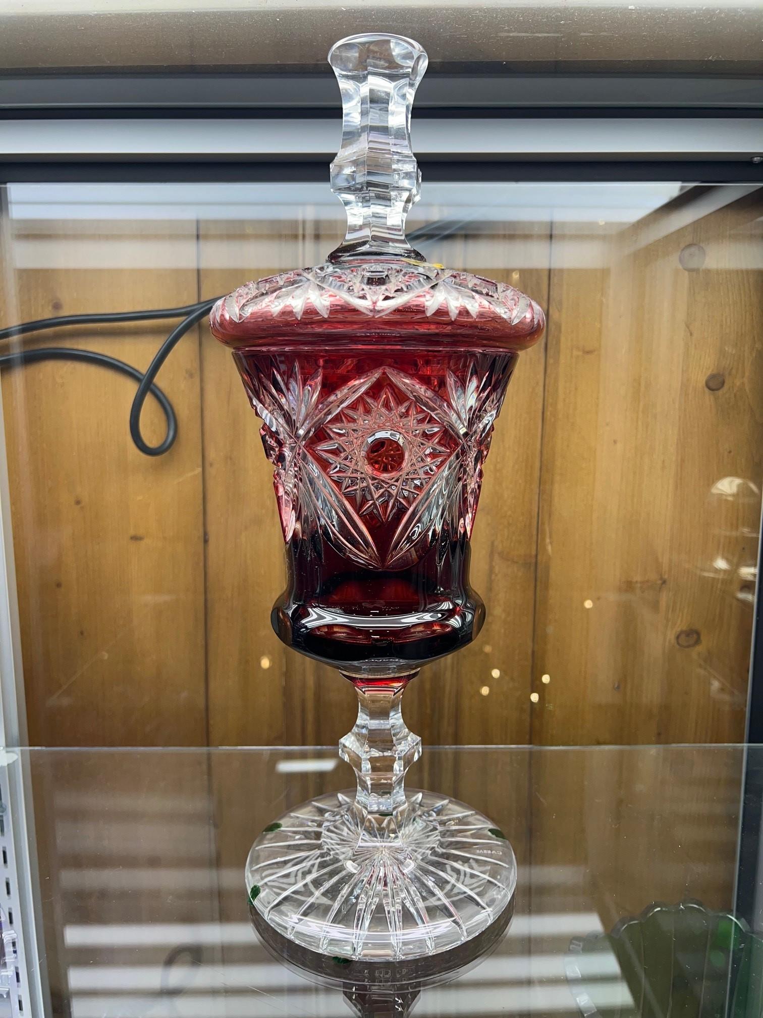 Stunning hand cut lead crystal tall pedestal urn or candy dish with a cover created as a work of art by the hands of the finest Czech glass workers. The Caesar Crystal Company in the Czech Republic has been selling hand cut lead crystal pieces since