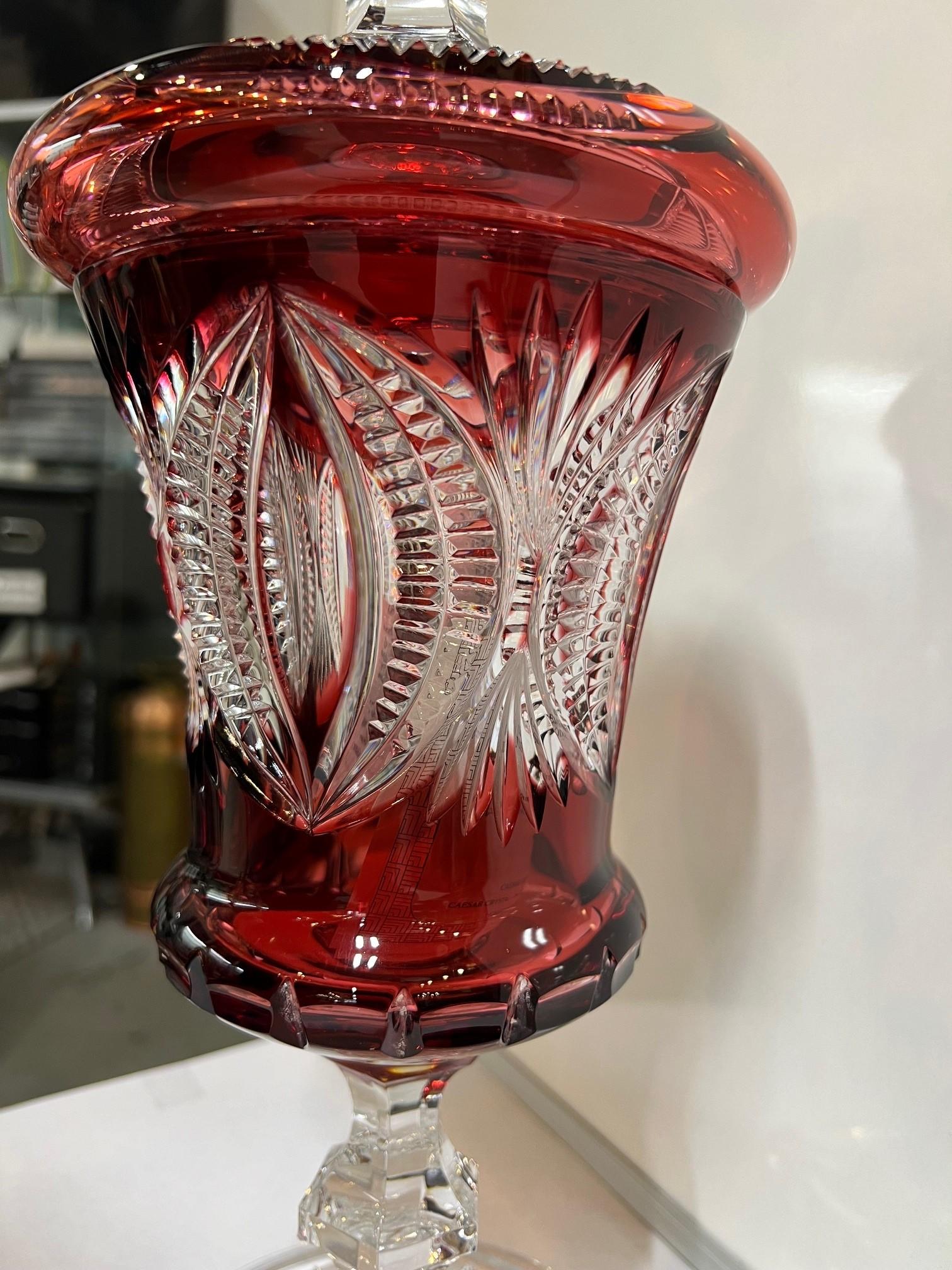 Hand Cut Lead Crystal Tall Urn, Dish on Pedestal by Caesar Crystal Bohemiae Co.  In Excellent Condition For Sale In Stamford, CT