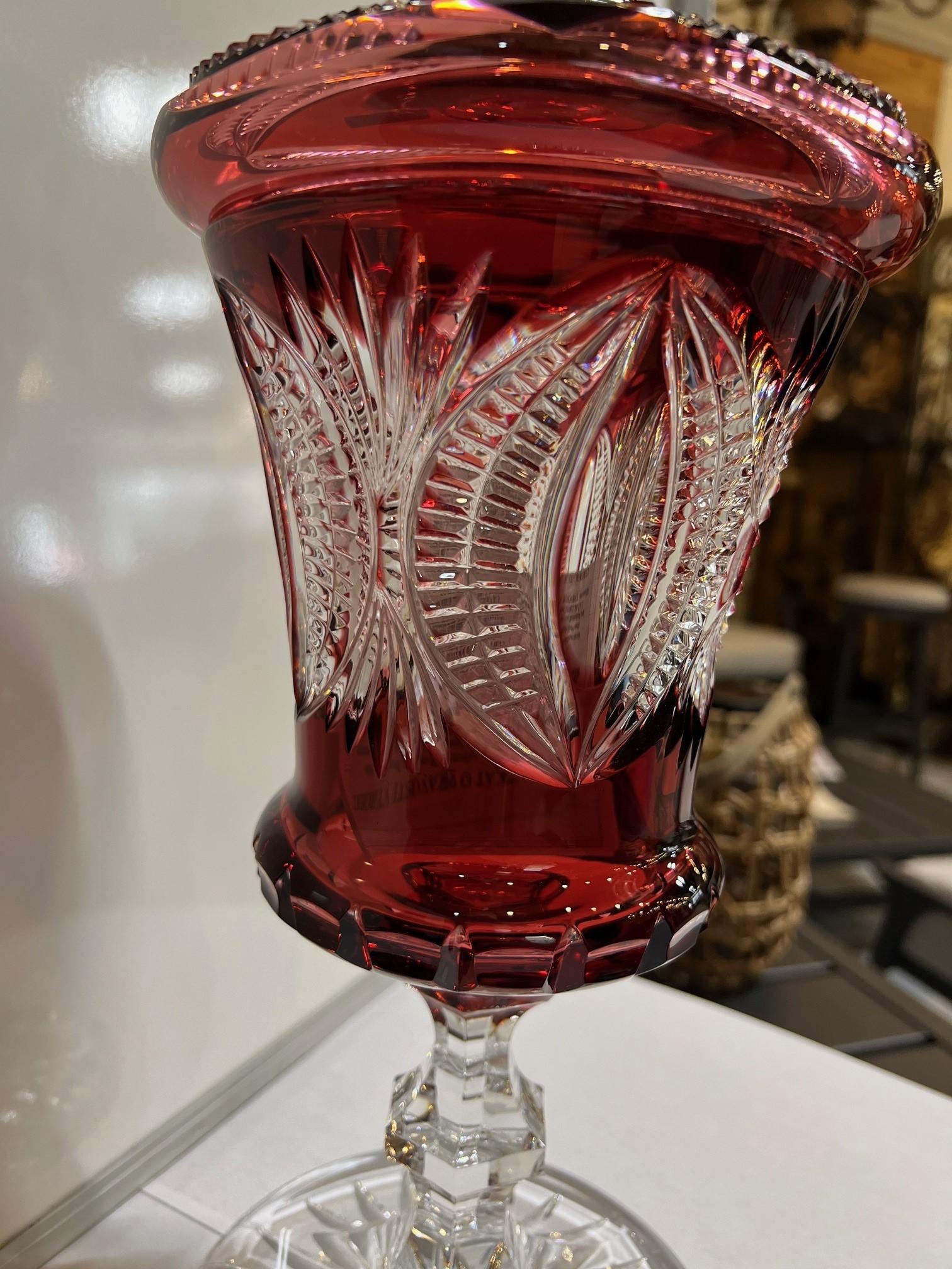 20th Century Hand Cut Lead Crystal Tall Urn, Dish on Pedestal by Caesar Crystal Bohemiae Co.  For Sale