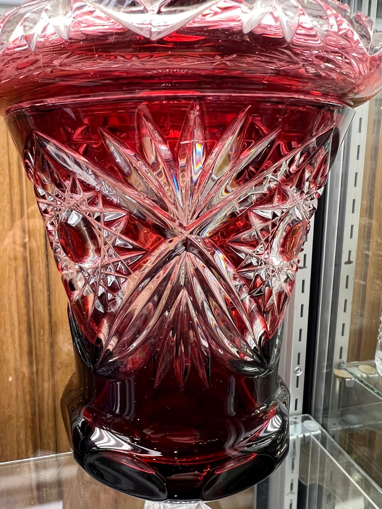 Czech Hand Cut Lead Crystal Tall Urn, Dish on Pedestal by Caesar Crystal Bohemiae Co.  For Sale