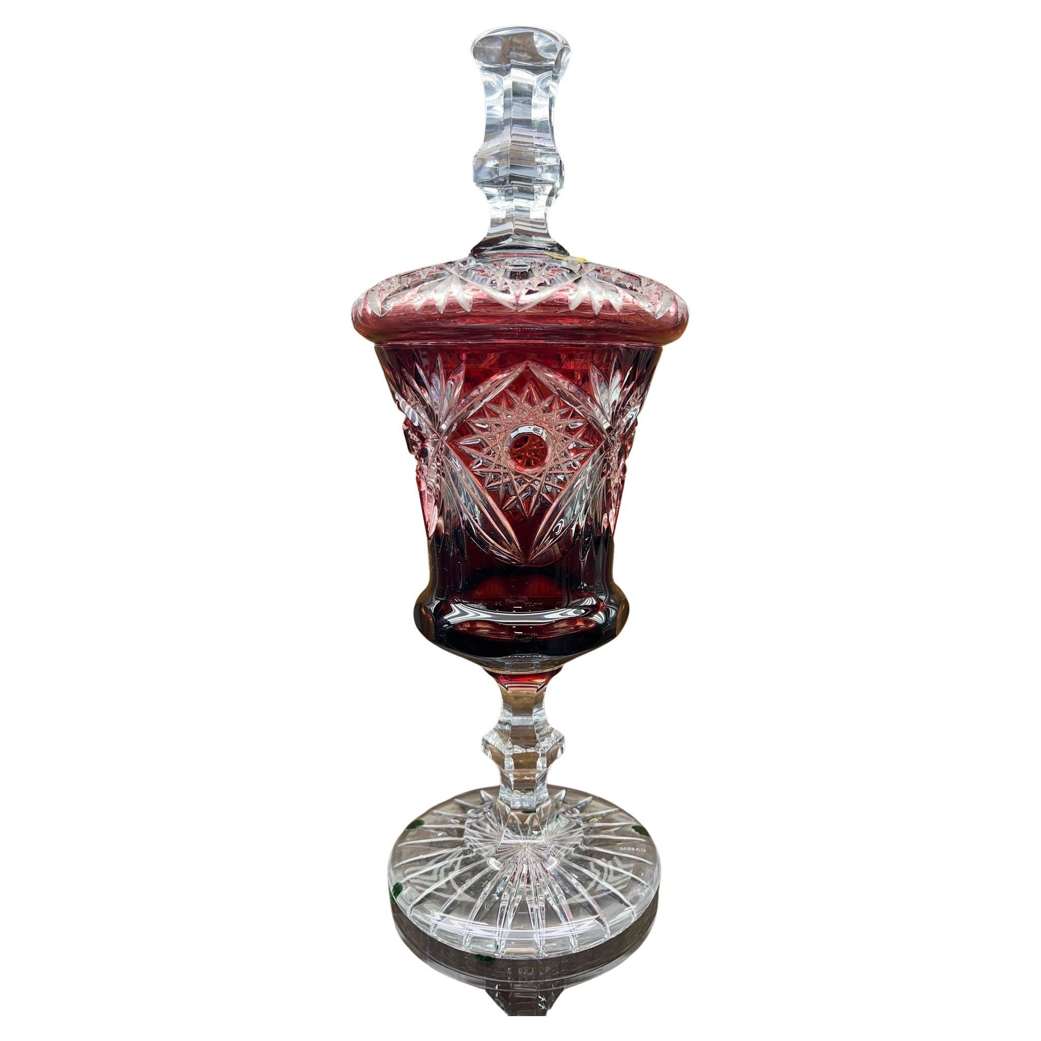 Hand Cut Lead Crystal Tall Urn, Dish on Pedestal by Caesar Crystal Bohemiae Co.  For Sale