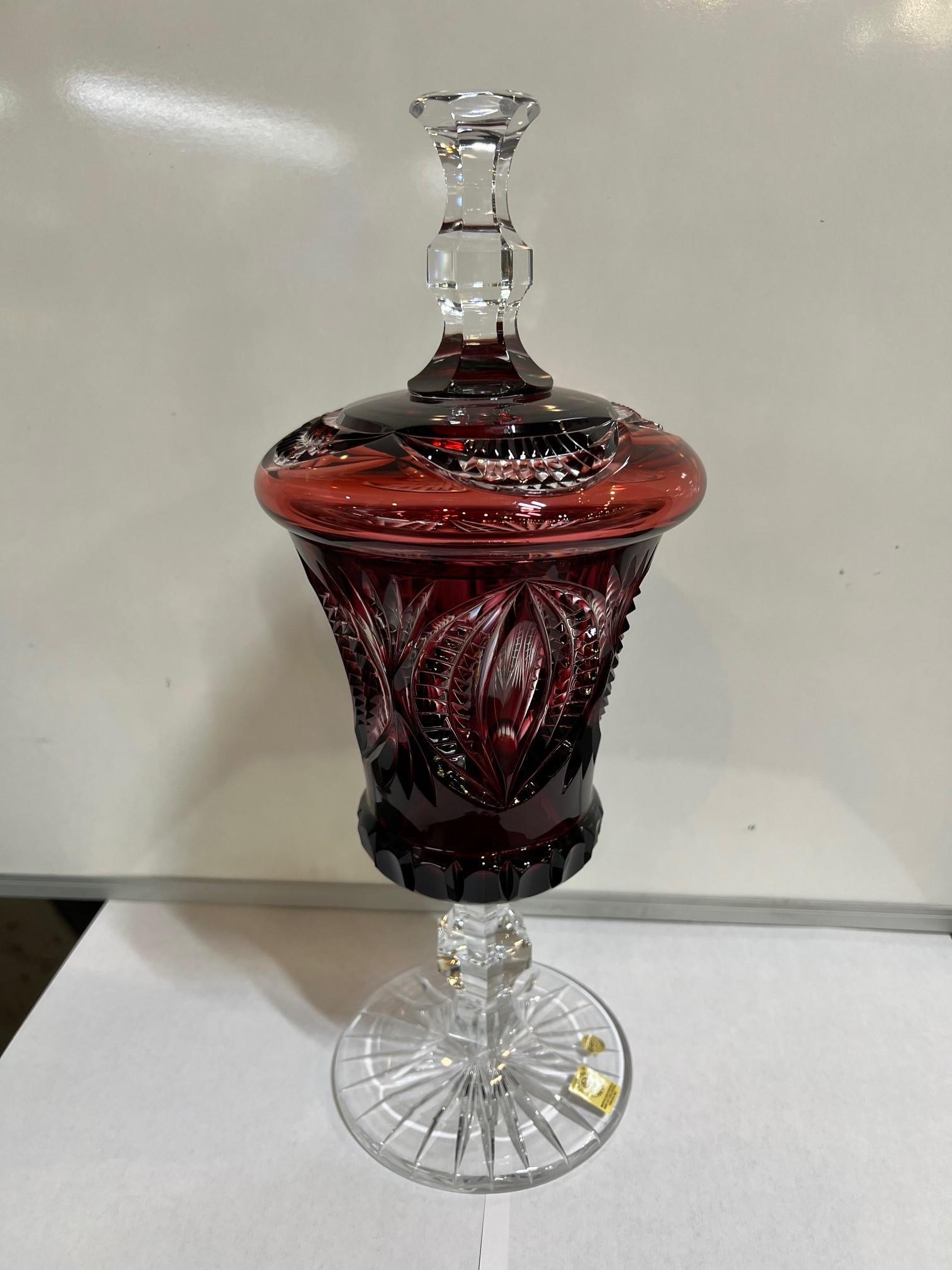 Stunning hand cut lead crystal pedestal urn or candy dish with a cover created as a work of art by the hands of the finest Czech glass workers. The Caesar Crystal Company in the Czech Republic has been selling hand cut lead crystal pieces since 1861