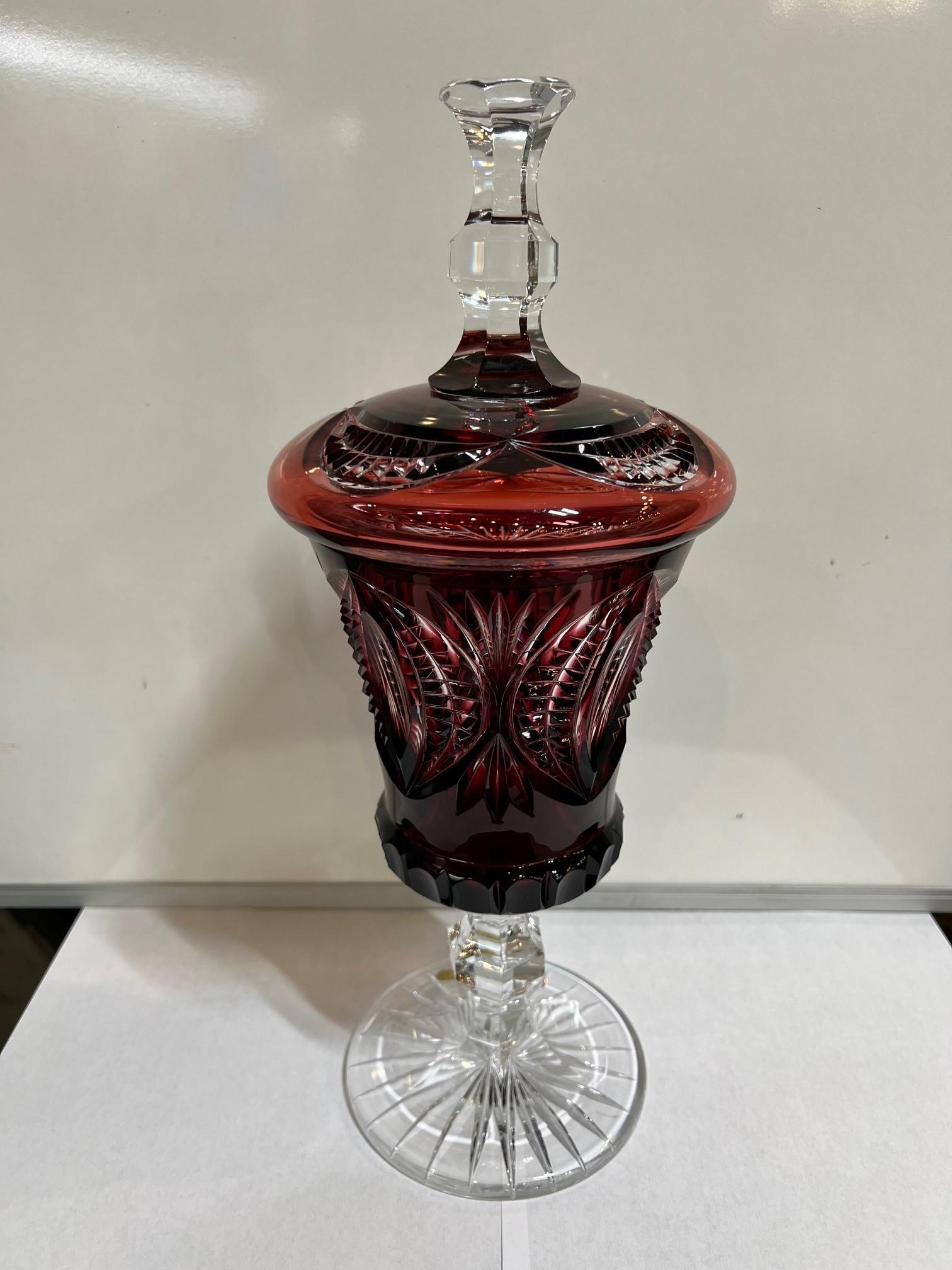 Czech Hand Cut Lead Crystal Urn, Dish on Pedestal by Caesar Crystal Bohemiae Co.  For Sale
