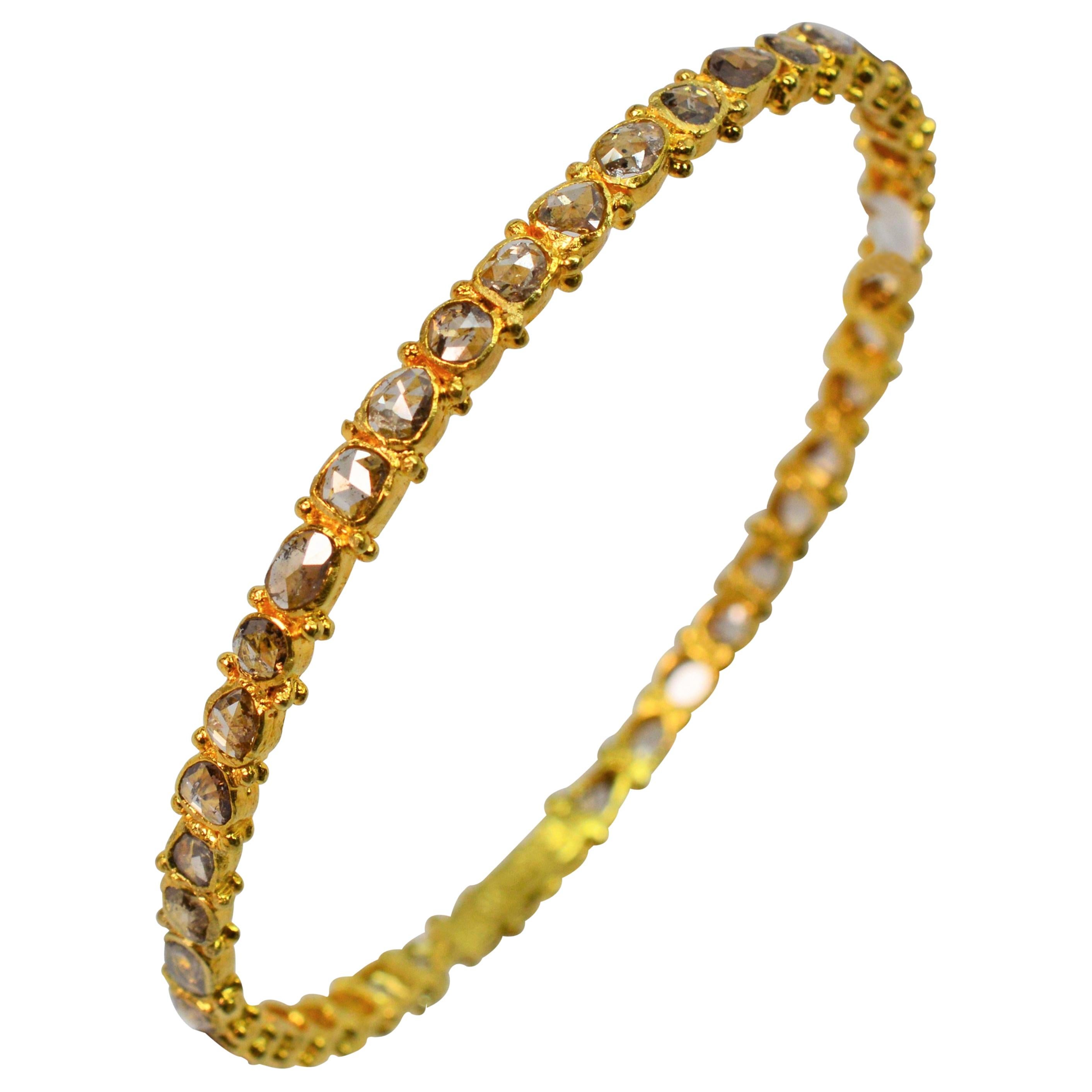 Hand Cut Natural Diamond Yellow Gold Bangle Bracelet For Sale