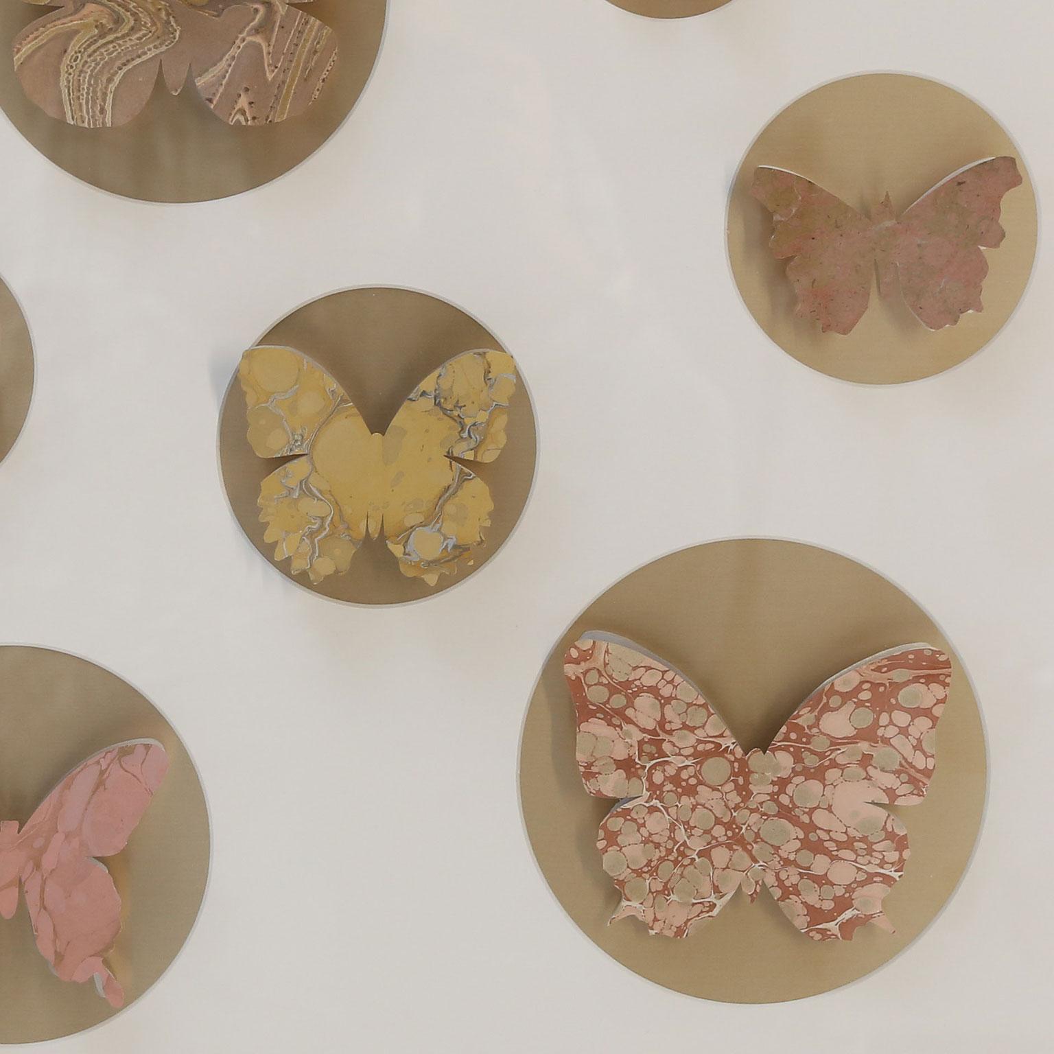 Handcut butterfly box from vintage hand painted Marbalia wallpaper samples (circa 1957) handcut into butterfly shapes. Each mounted on brushed gold foil. Marbalia wallpaper, produced by Laverne Originals (Erwine and Estelle Laverne) in the 1950s,