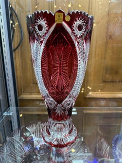 Hand Cut Ruby Red Lead Crystal Vase by Caesar Crystal Bohemiae Co. Czech.
